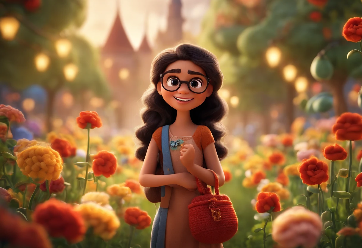 Create a Disney Pixar cartoon poster with a young lady. She's slim, branca, cabelo liso, comprido e preto, olhos apertados e escuros, wears glasses, Vestido floral. Crochet Handling Hook and Thread Illustrate this scene from a perspective where she is facing the camera, Sorrindo e mostrando sua bolsa de croche . Desenvolva esta arte em Full HD, Focus on your cinematic touch, Estilo Disney Pixar Animations