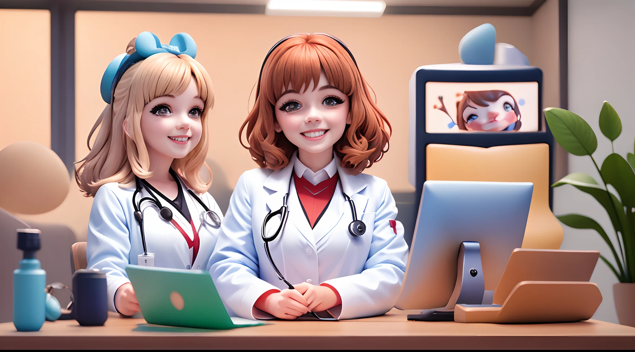 Estilo pixar Disney: mulher rosto arredondado sorriso encantador, olhos castanhos, cabelo castanho preso em coque, um pouco gordinha, White coat and stethoscope on neck, Consulting table with computer, prateleiras ao fundo com livros e brinquedos