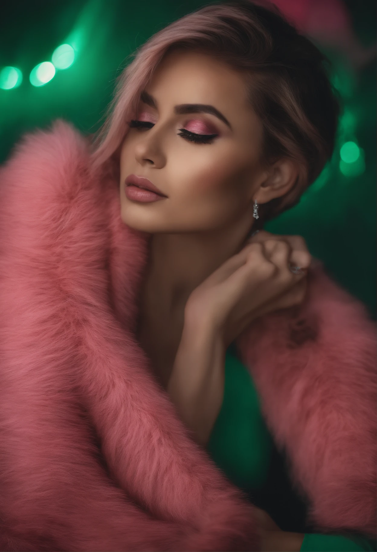 1 mulher, cabelo cacheado curto rosa, olhos verdes escuros, esta numa clareira com um lua cheia ao fundo