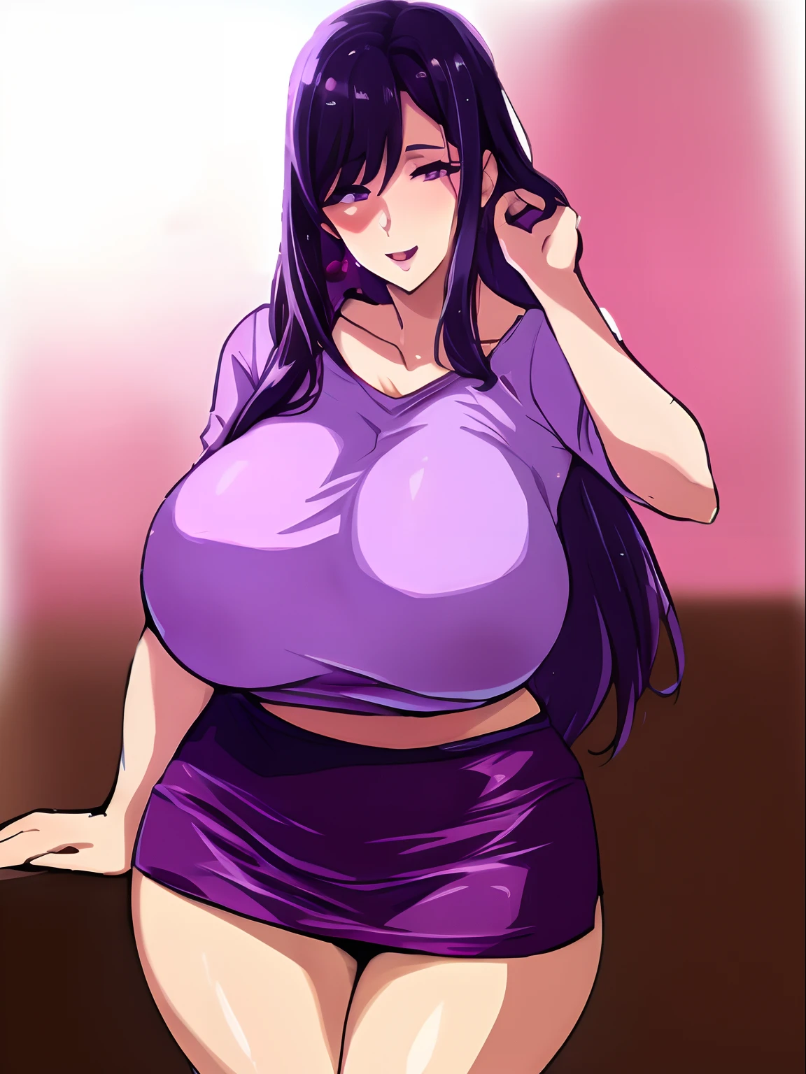 Large Breast, Mature woman, grape purple mini skirt, pair skin, orchid purple t-shirt, dark purple long hair, hot pink hair tie, standing, solo, amethyst purple eyes, curvy body, reapaired, happy, perfectly rendered, complete hand