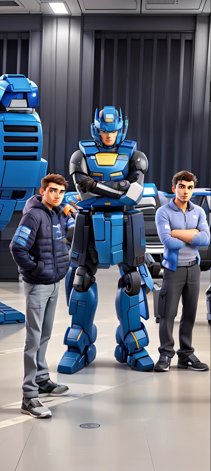 two men next to a tranaformers robot posing with arms crossed