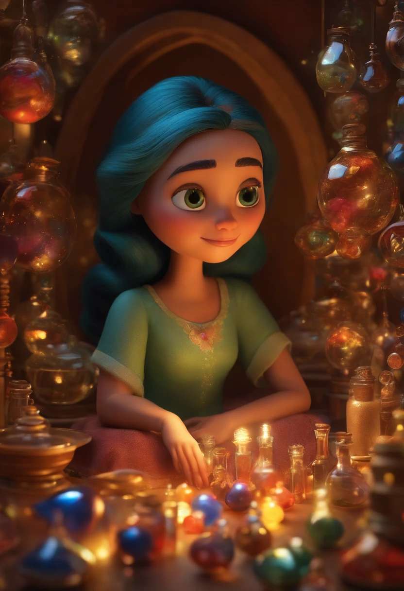 A collector of ideas inspired by Pixar animation, de perto. She is surrounded by a collection of magic vials, each containing a unique idea. The focus is on the character, with a captivating facial expression, Against a backdrop of shimmering, cores efervescentes.