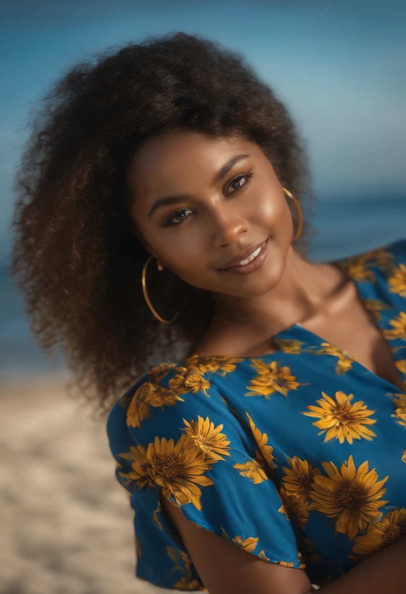 ultra-realistic, 4k, foto profissional, Menina de 22 anos, menina negra, cabelo cacheado grande, HDR, Rosto detalhado, midle body, saia amarela com flor, (camisa azul aberta), master part, (The lighting), (1Apenas), Fundo da praia, realistic background, Realistic photo