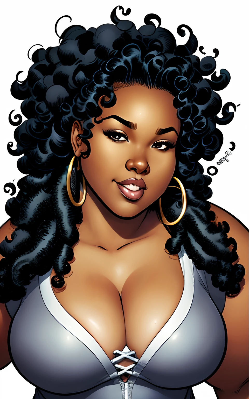 Black woman, plus size or bbw body, medium skin tone. Curly hair. Drawn in marvel comics art style. Qpproximately 25 yrs old.