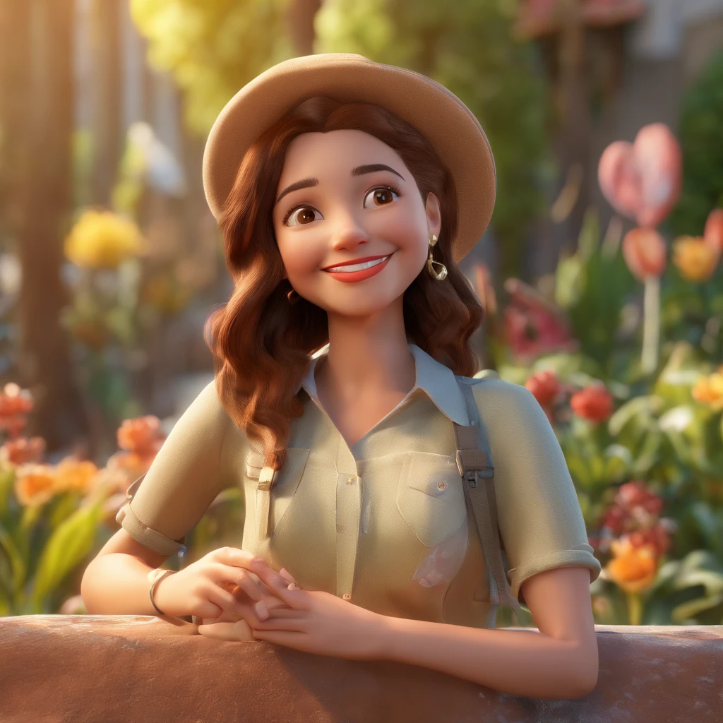 Vivian is a smiling 35-year-old human girl, com seu fiel amigo, Caramelo, o cachorro golden, deitados no jardim