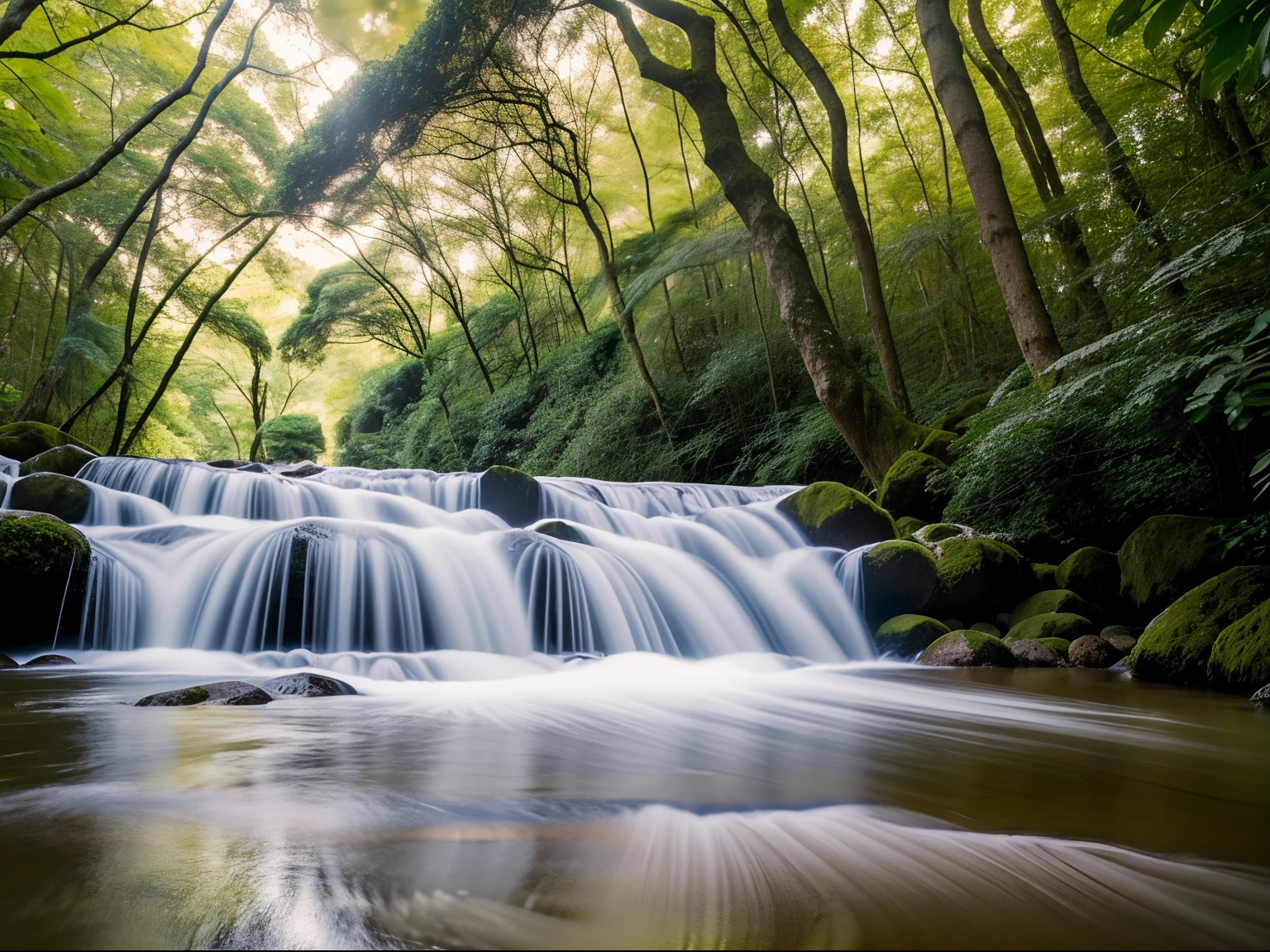 master part, best quality, alta qualidade, A high resolution, extremamente detalhado, ambient soft lighting, 4k, Elfos errantes，
ao ar livre, Natureza, Floresta, green trees, grama, Uma planta, flor, Rio, caustics, water flow, ripples, cachoeira, Lagoa, Selvas, folhagem densa, longe,