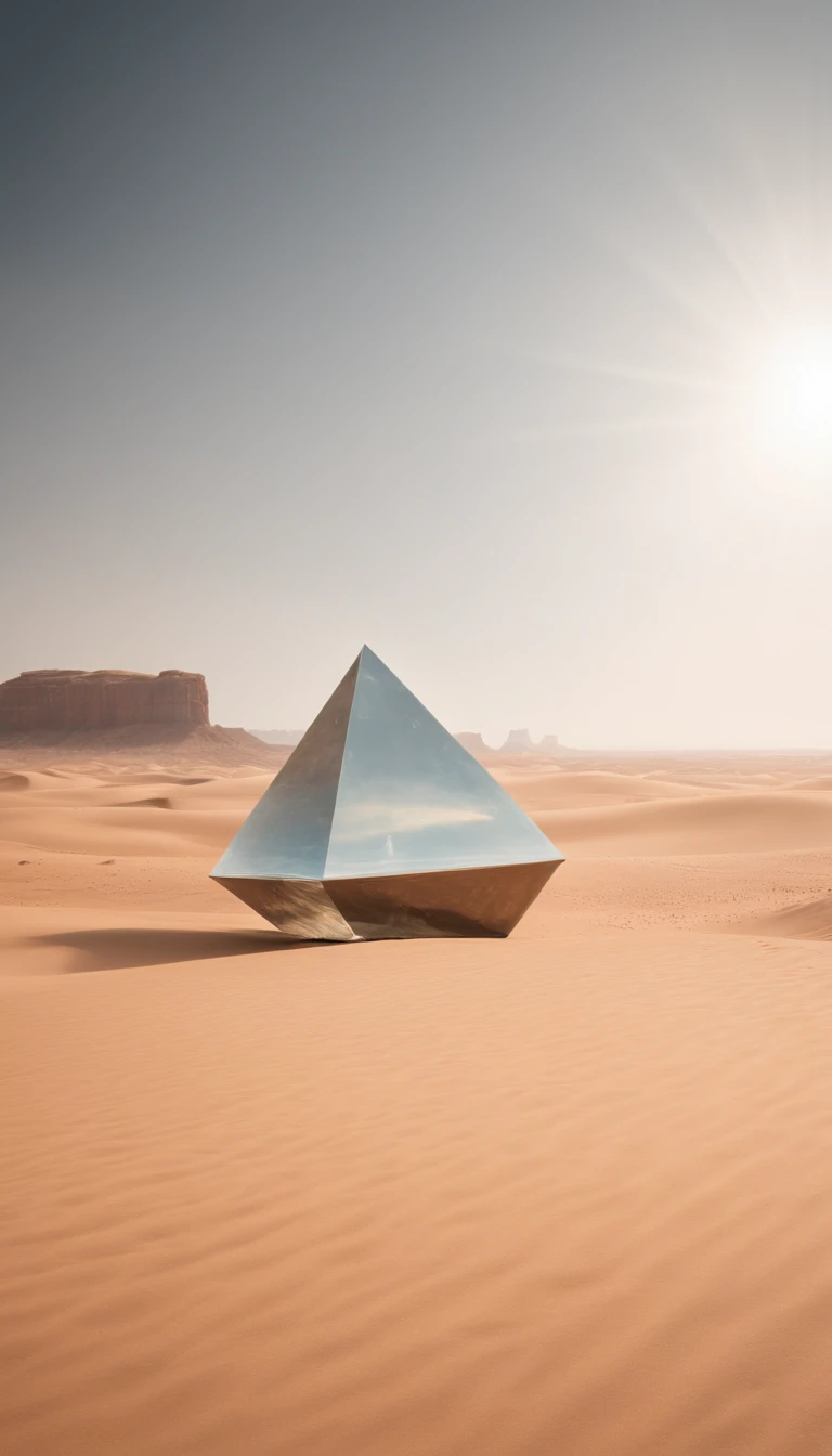 There is a man standing in the desert with a large object, cheio de vidro. CGSetnation, magical crystals, Ainda quadro de um filme, inspirado em Louis Mathieu Verdilhan, Album art for a trance DJ, A Fenda, triangle fragments, Cinematic lens flare, connectedness, [ Fragmentos, 4 dimensions