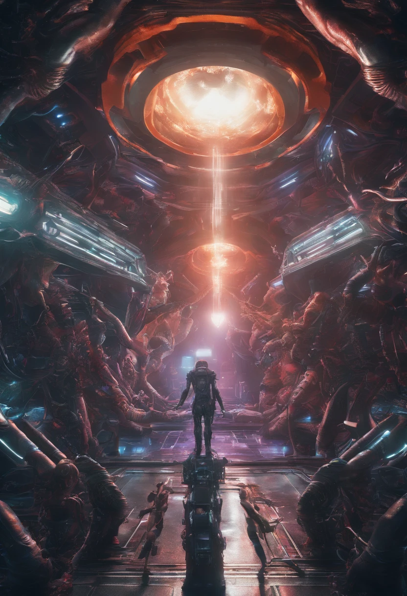 (best quality,4k,8k,highres,masterpiece:1.2),ultra-detailed,(realistic,photorealistic,photo-realistic:1.37),biomechanical, cybernetic wolves merging with humans, intricate body modifications, pipes and tubes protruding from their bodies, vibrant colors, eerie lighting, sci-fi, dramatic atmosphere