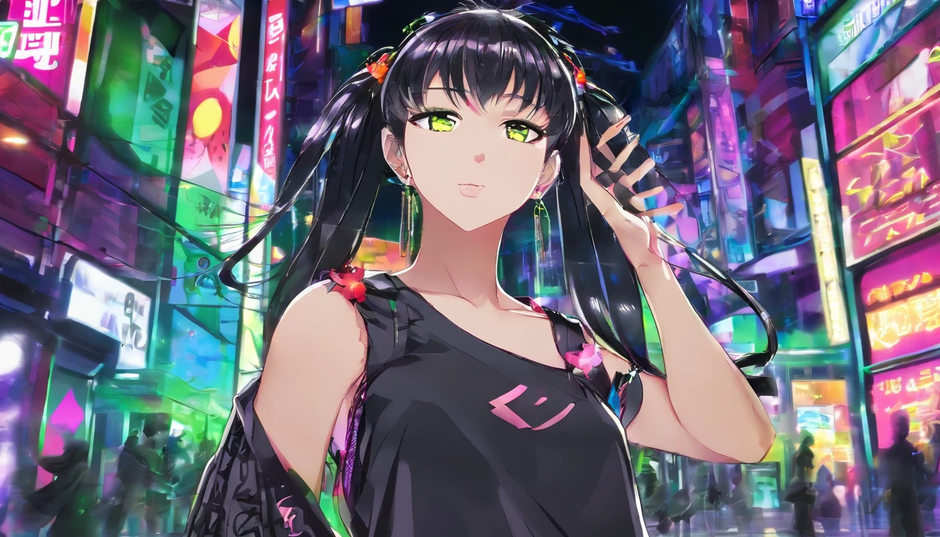 Anime afemined boy , with black hair tied like a ponytail, green eyes, wearing crop tops, black mini skirt, high top sneakers, earrings, erotic pose, night place with neon lights