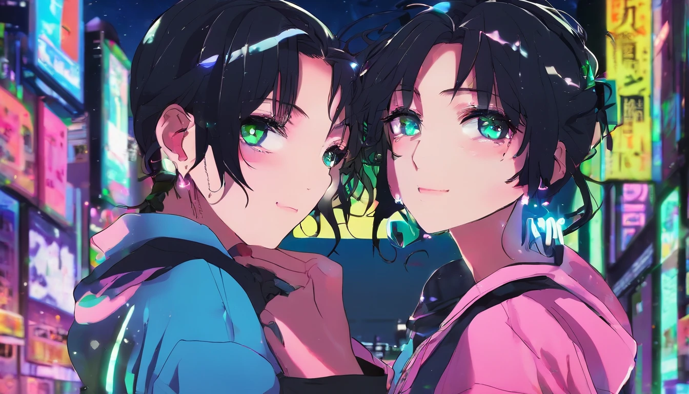Anime afemined boy , with black hair tied like a ponytail, green eyes, wearing crop tops, black mini skirt, high top sneakers, earrings, erotic pose, night place with neon lights
