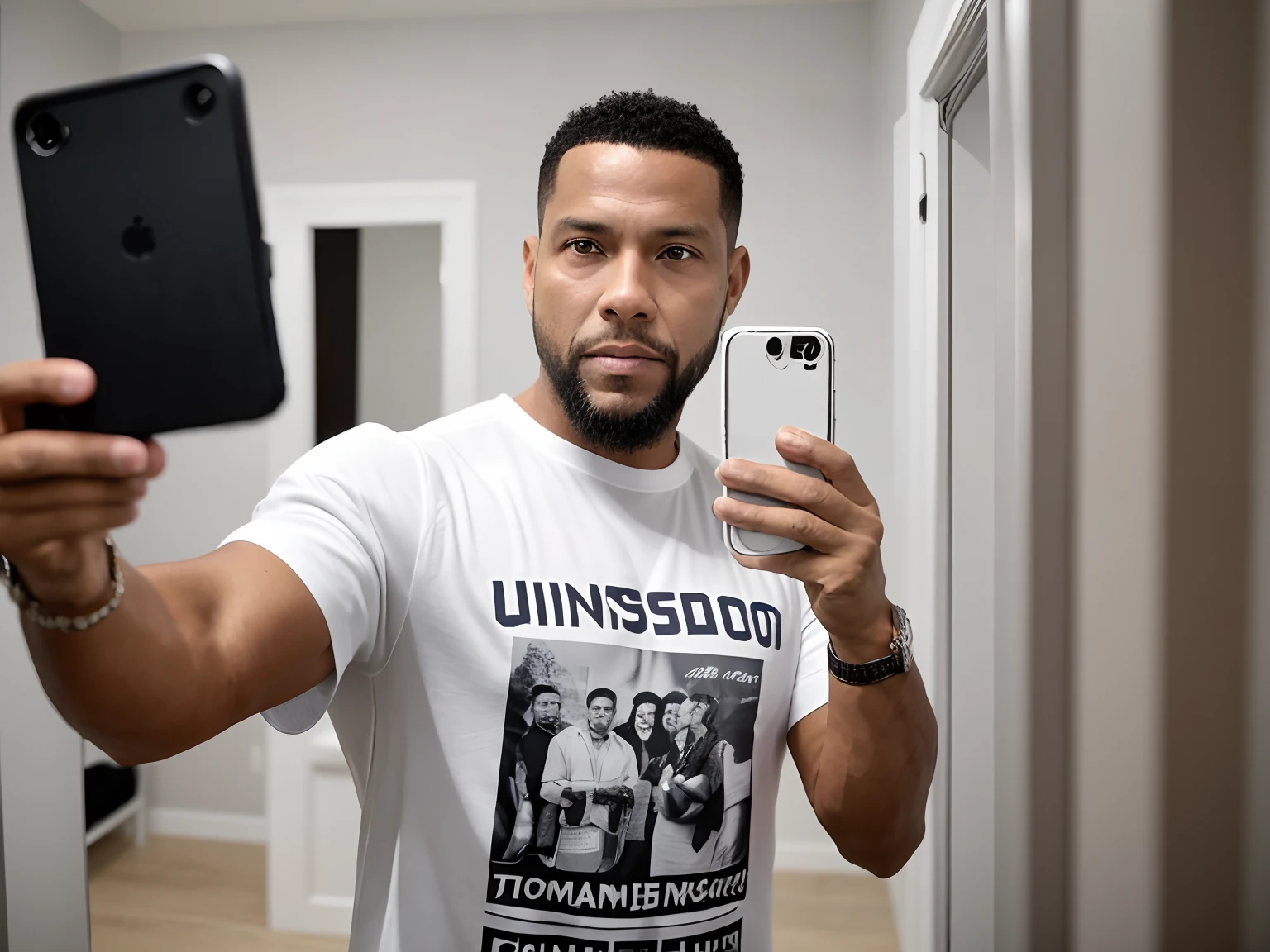 there is a man that is taking a selfie in the mirror, vestido com uma camiseta branca, inspirado em Candido Bido, brincando de camisa rindo, taken in the early 2020s, Jorge Pemba, 3 6 anos, usando faixa presidencial, photo shoot, 3 2 anos, usando correntes, vestindo camiseta e combates