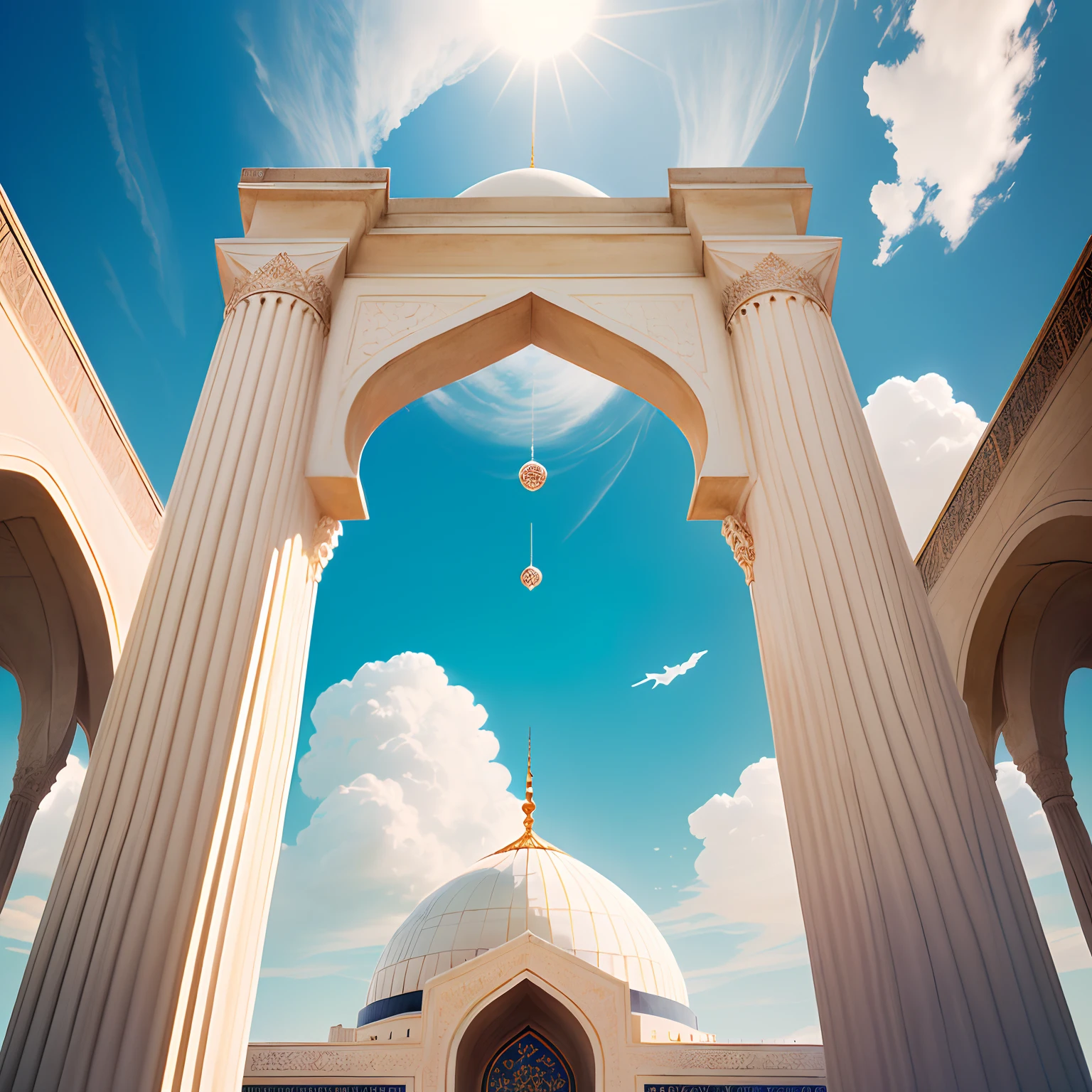 Very detailed photography of an Islamic mosque
in the sky, the mosque has a rectangular shape with a large dome on top, the dome is blue and decorated with star motifs, the walls of the mosque are white and decorated with geometric ornaments, in front of the mosque there are 10 angel-shaped clouds in the sky, these clouds looks like an angel in flight, with wide wings and a slender body, this cloud is in a bright blue sky, and the sun is seen shining on it from behind giving the impression of coolness and calm, the sky is dramatic, the sky is cloudy with white clouds and fluffy, with a blue sky in the background, the clouds look like cotton balls floating in the air, hyperrealistic