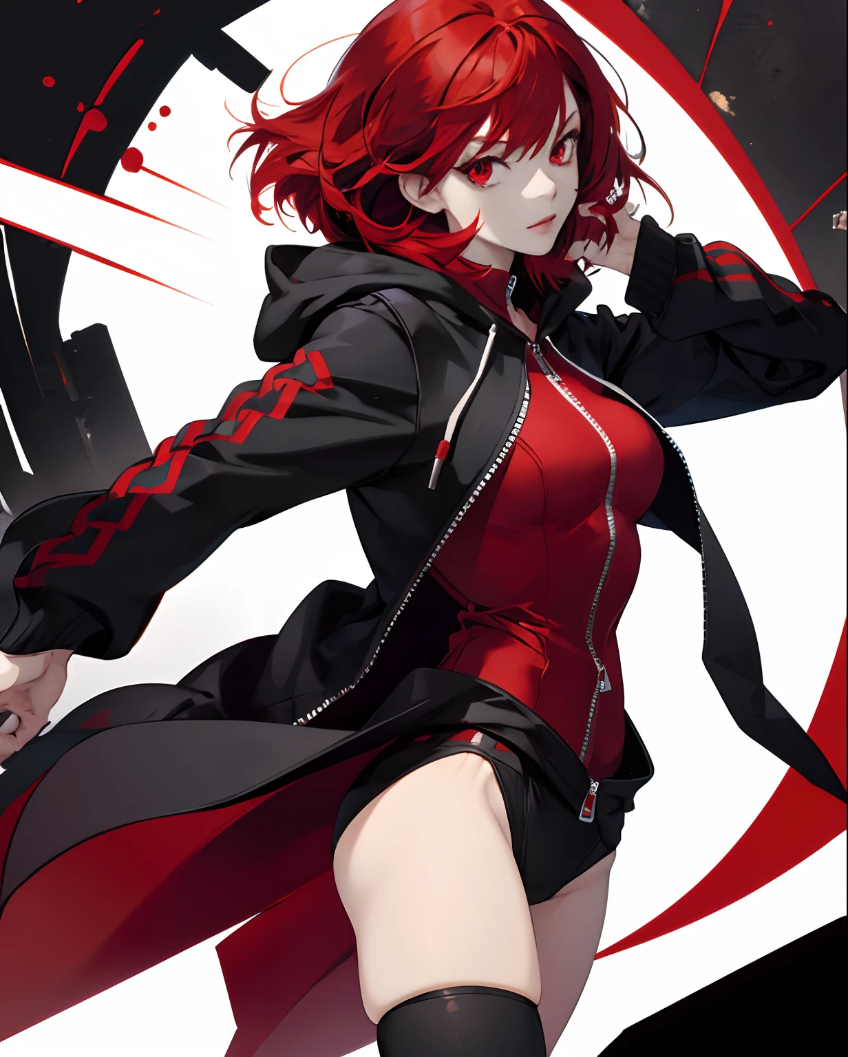 Red-haired, pointy hair, Red Eyes, Drawing Manga, 1woman, bobbed hair, Hood zip-up