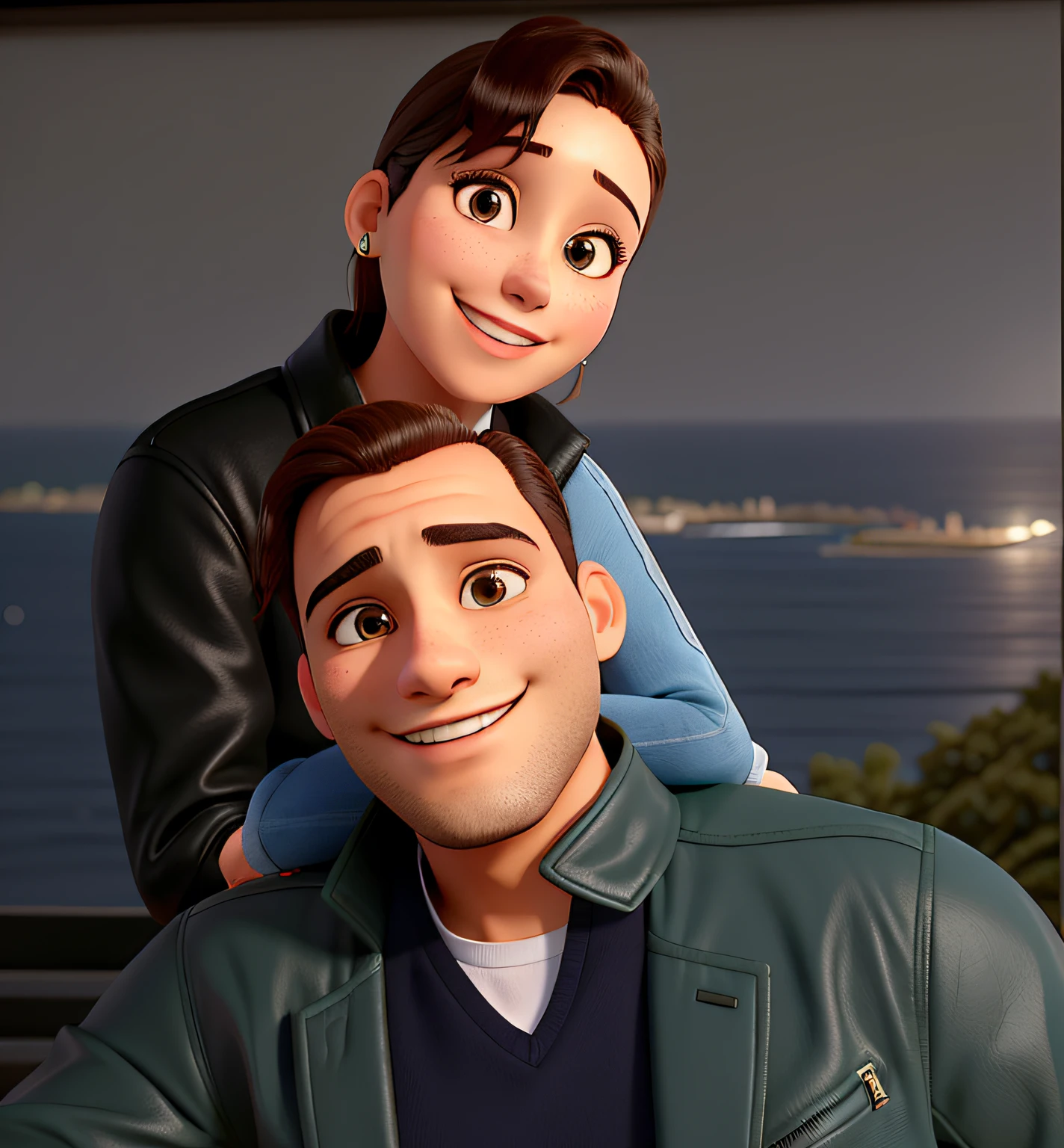 casal feliz e apaixonado usando jaqueta de couro. mulher sorridente