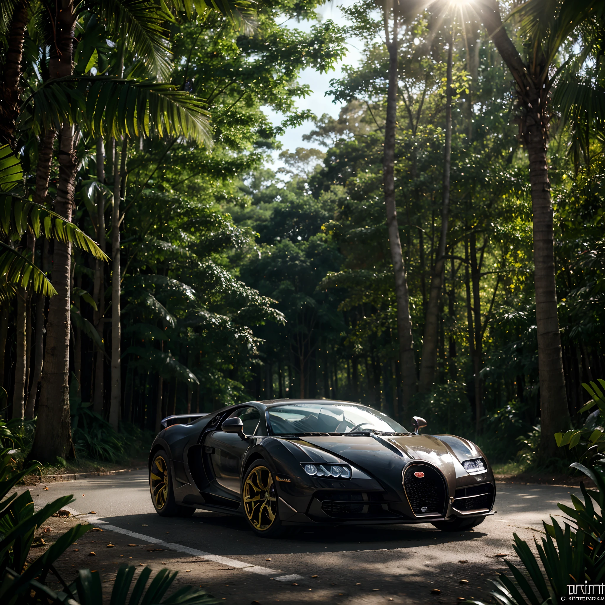 Banana and banana leaves designed African high tech car a mix of bugatti and lamborghini, racing in the forest, leaves spreading in the background, forest trees reflecting on the car's shinny surface, sunlight piercing through the trees with soft light shining, with iridescent light, cinematic lighting, artgerm style, 32k, ultra HD, unreal engine rendered, hyper-realistic image, octane 3d