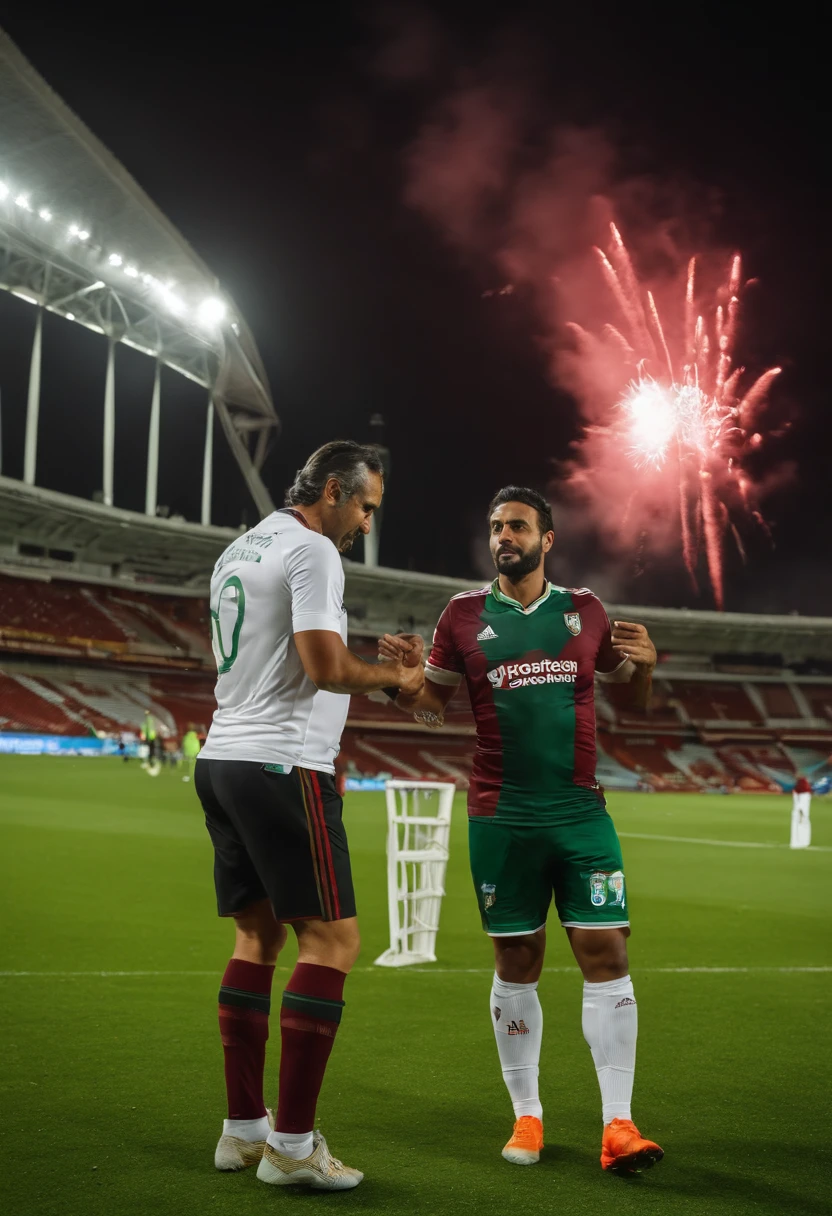 Homem gordo branco com 40 anos, wearing maroon football outfit from Fluminense Football Club, Looking ahead to the Copa Libertadores, with Black glasses, cabelo escuro e curto, sem barba, Standing in a Maracanã soccer stadium, detailed symmetric realistic face, textura natural extremamente detalhada, extremamente detalhado, Amazing, detalhes finos, foto realista, Foto RAW, TanvirTamim, alta qualidade, retrato, POV hiper detalhado, cores ricas, hyper realistic, textura realista, dramatic lighting, foco nítido, extremamente detalhado, Cinematic lighting, Qualidade de imagem superior, alta resolução, Green and gren fireworks, Play throughout the stadium, bola, Copa Libertadores de América (((Veja o corpo inteiro))), Borda do realismo, textura realista, dramatic lighting, HDR, fireworks Green, white and maroon with Libertadores Cup
