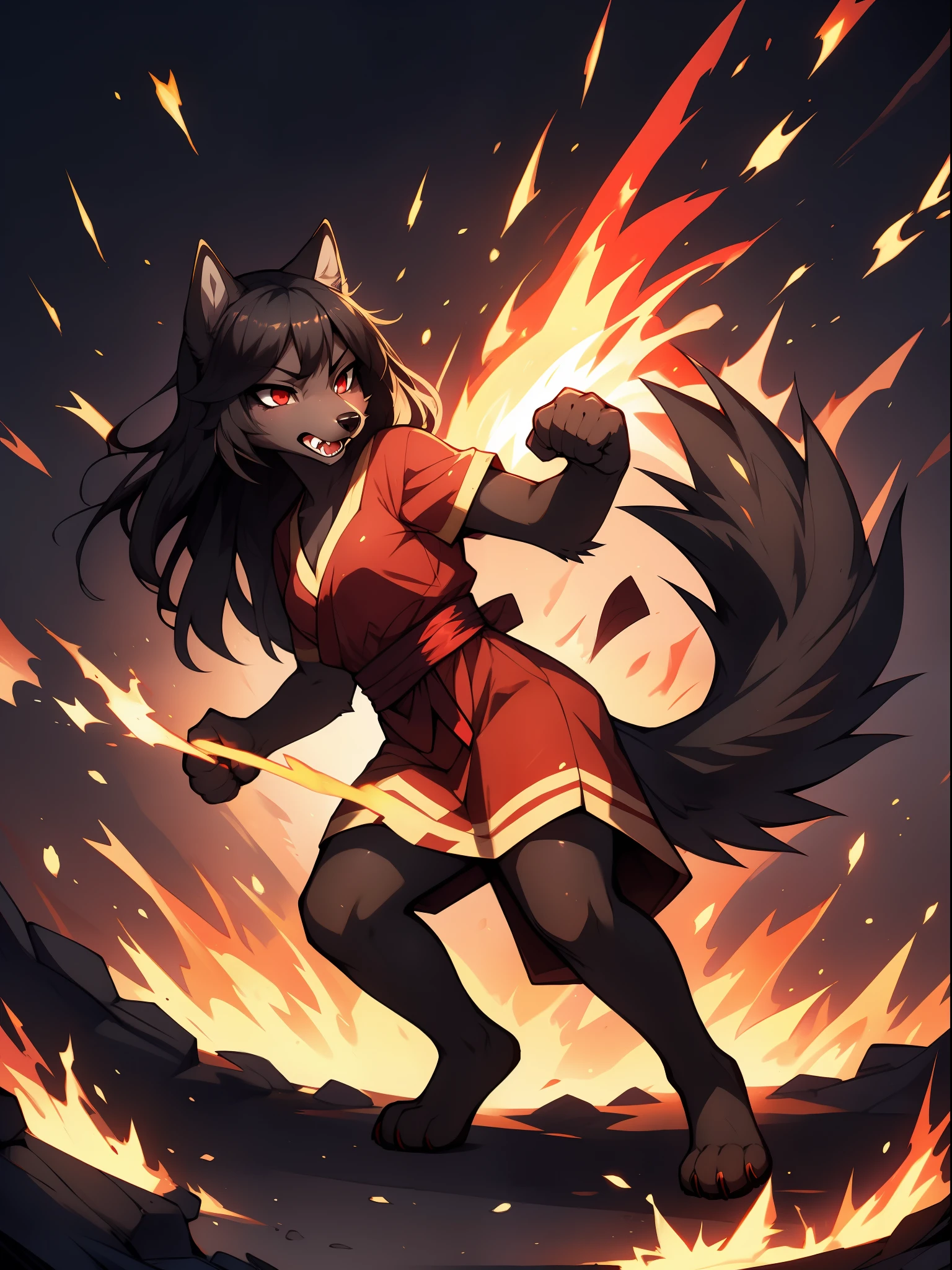 Solo:1.3, one girl, Natasha, dark grey wolf, red eyes,  cute snout, black nose, long black hair, red monk clothing, feet wrapped in bandages, sparks coming from fists, dramatic pose, punching, fists on fire, serious face, fire coming from sides of mouth, sharp canine teeth, fighting pose, simple background, by gudlmok99, fire swirling around arms