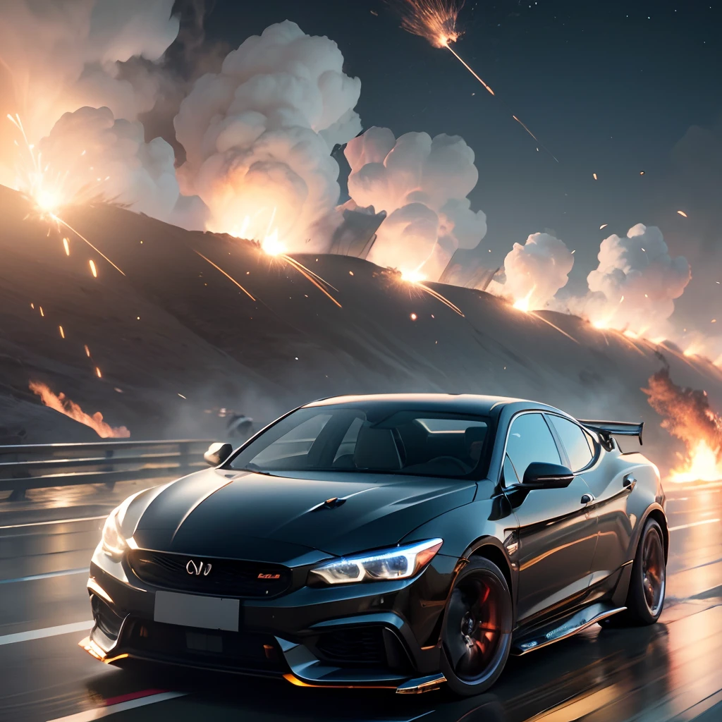 A black man laying on top of a high speed moving car shooting straight at the camera, car drifting from camera, with flame partickes in air as it drifts away, dark scene with dark background, only light shining fromthe gun shots and flame particles in the scene, with iridescent light, cinematic lighting, artgerm style, 32k, ultra HD, unreal engine rendered, hyper-realistic image, octane 3d rendering --auto --s2