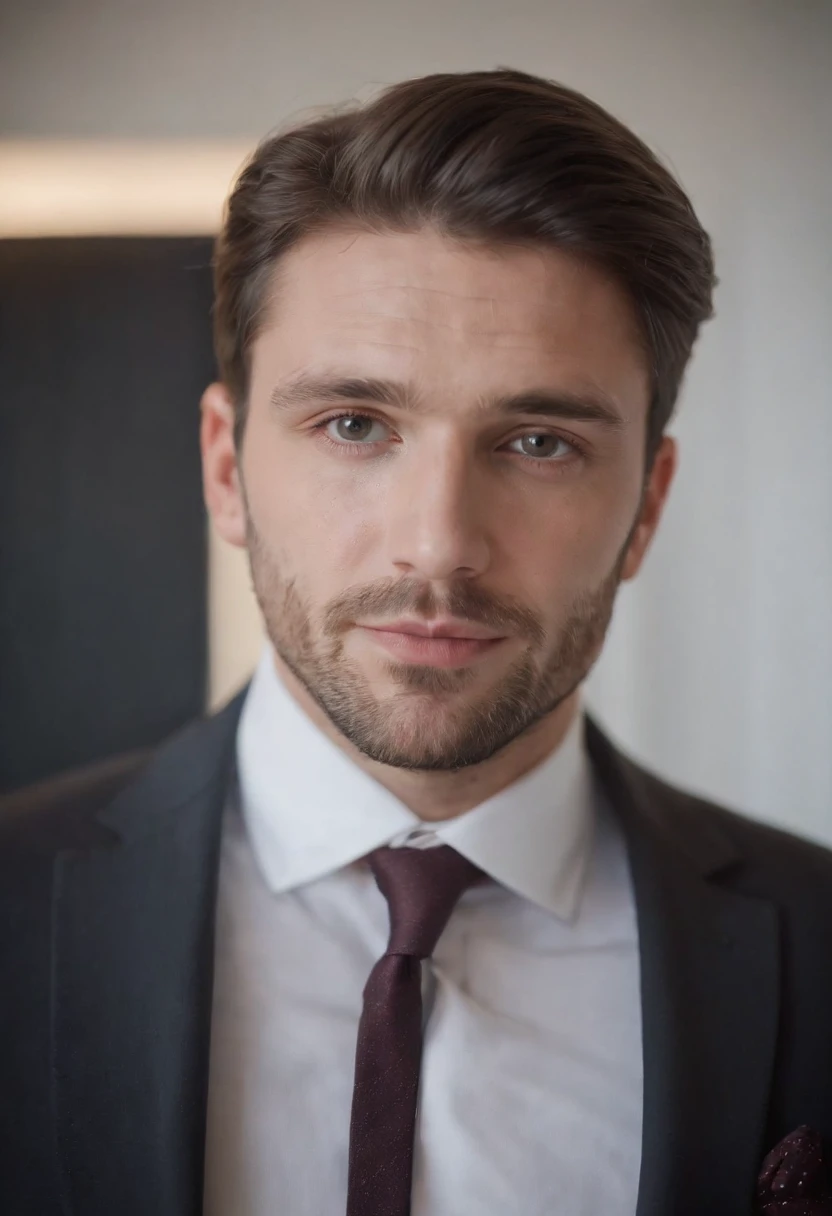 Interesting 30-year-old man in head of Hugo business suite , barba bonita , Executivo Masculino Sexy, Suit is, portanto,, Front camera focus, Modo retrato, Perfectly in front of the camera.