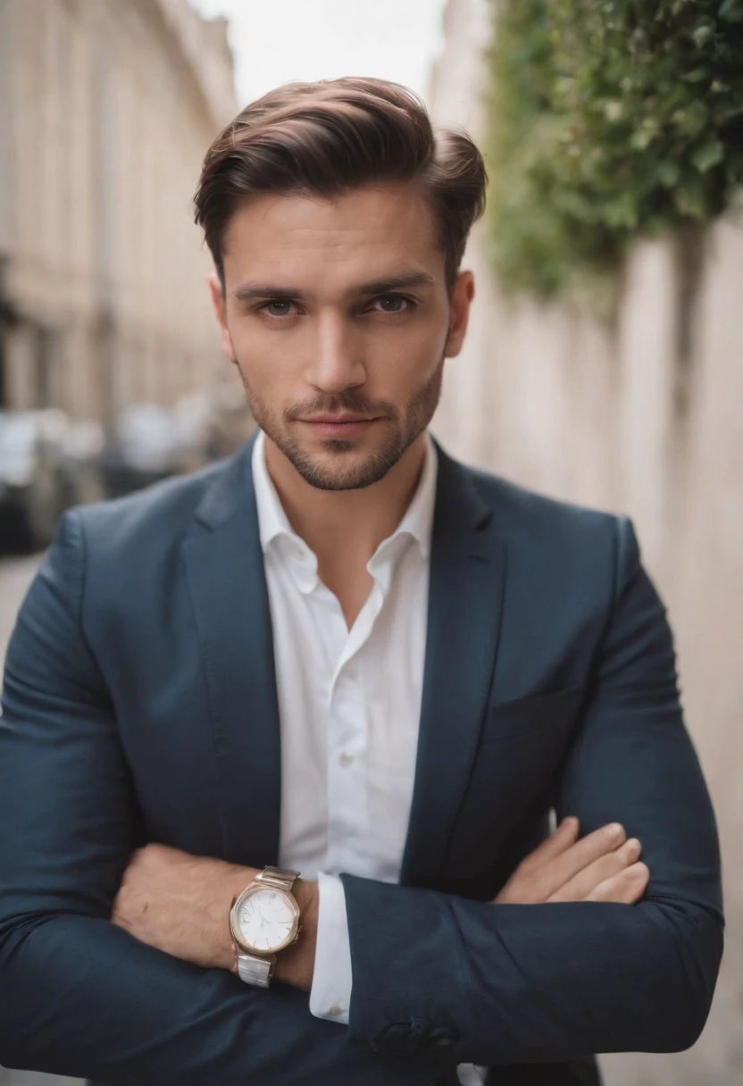 Interesting 30-year-old man in head of Hugo business suite , barba bonita , Executivo Masculino Sexy, Suit is, portanto,, Front camera focus, Modo retrato, Perfectly in front of the camera.