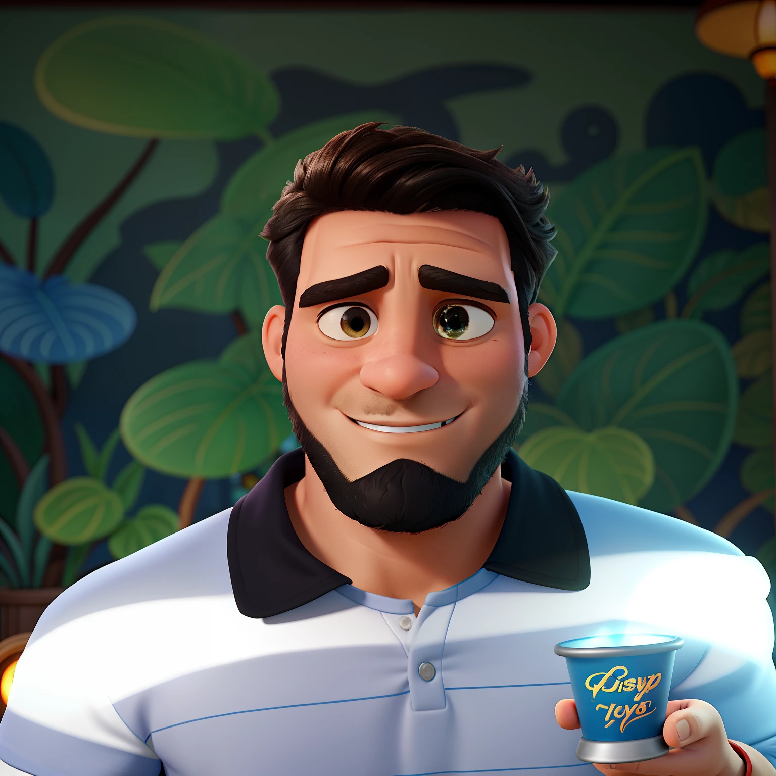 Poster no estilo Disney pixar, alta qualidade, melhor qualidade, homem sexy moreno, 30 anos cabelo preto, barba preta, musculoso, com fundo em um restaurante a luz de velas