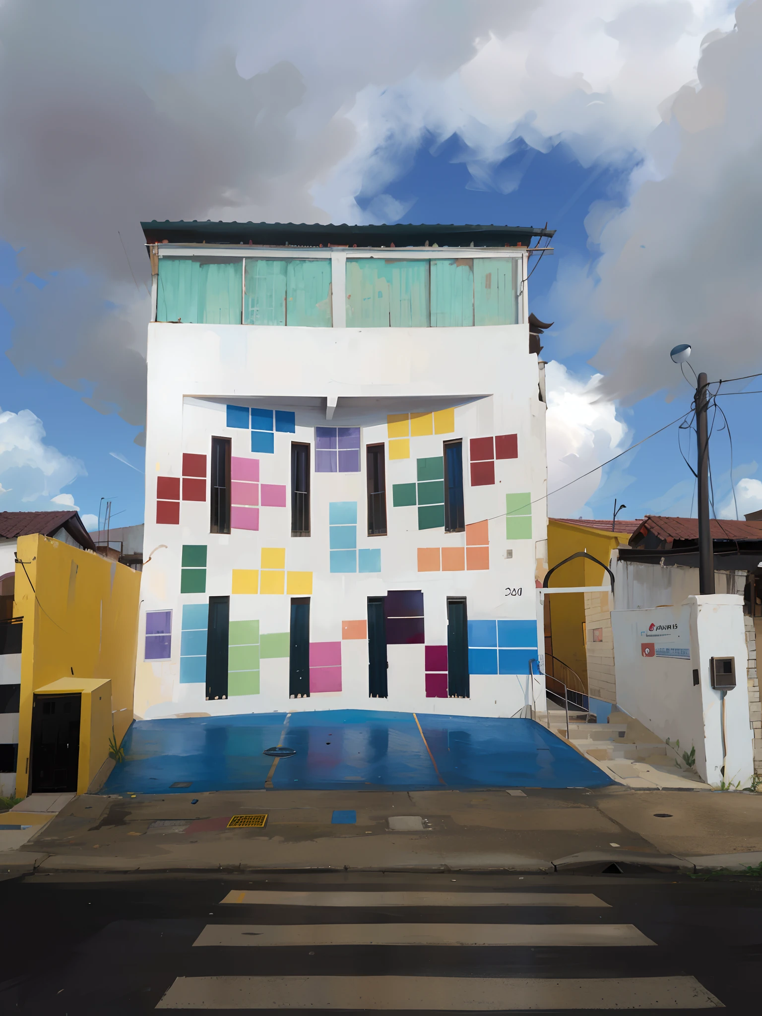 Brightly colored building with a pedestrian crossing in front, colorful building, casa colorida, Location ( favela _ PAREDE ), arquitetura de azulejos coloridos, Fachada Freddy Mamani Silvestre, mural colorido nas paredes, arquitetura colorida, Filipe Pantone, colorful buildings, colorido moderno, sao paulo, Directed by: CeFerí Olivé, arte mural, Okuda