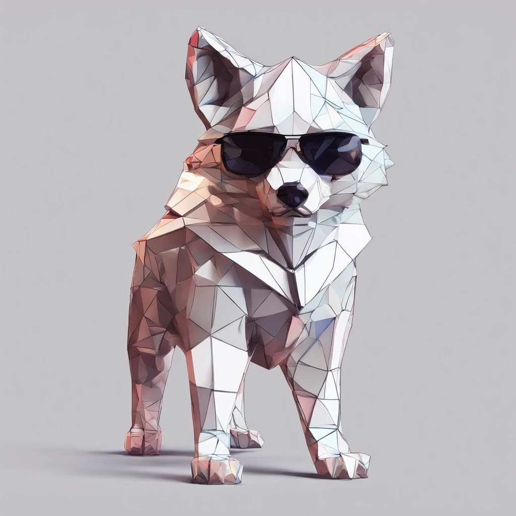 Perfect alignment, Cute little wolf cub in a jacket,Wearing sunglasses, cheerfulness, Standing position, Abstract beauty, Centered, Looking at the camera, Facing the camera, nearing perfection, Dynamic, Highly detailed, smooth, Sharp focus, 8K, high definition resolution, illustration, Art by Carne Griffiths and Wadim Kashin, White background