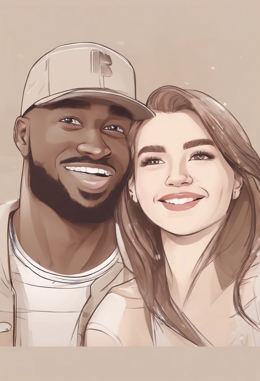 An illustration of an adorable couple, Spotlight on a smiling athletic black man and a white woman with beautiful expressive eyes - the man's skin is black the man's is bald, while the woman's skin is white and the woman's hair is straight and black. They are a bright room, cada um com um sorriso no rosto, e compartilhar um momento especial caracterizado pelo amor, Insights. Illustrate this scene from a perspective where they are facing the camera, Smiling and Showing Your Connection. Desenvolva esta arte em Full HD, Focus on your cinematic touch, Estilo Disney Pixar Animations