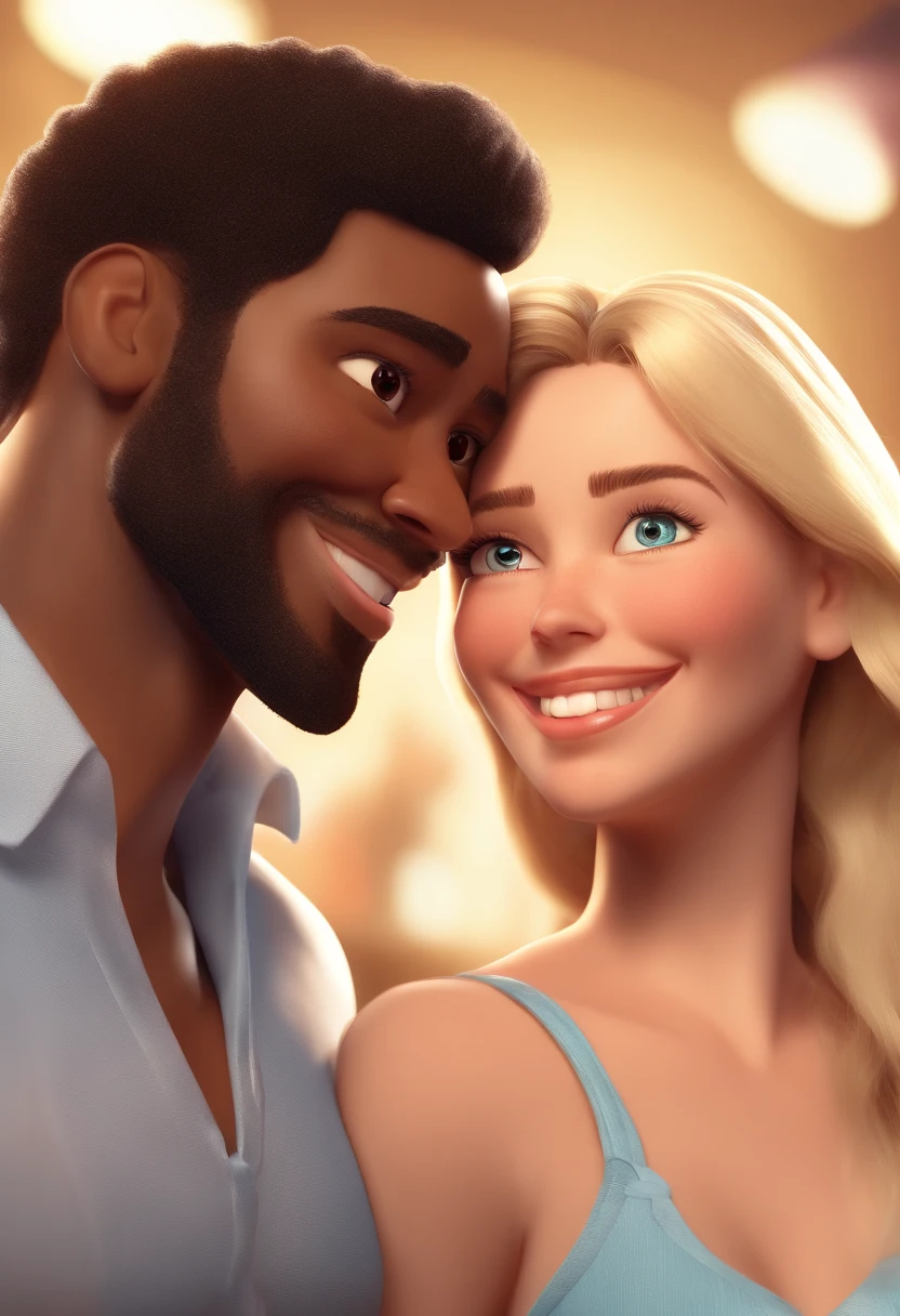 An illustration of an adorable couple, Spotlight on a smiling athletic black man and a white woman with beautiful expressive eyes - the man's skin is black the man's is bald, while the woman's skin is white and the woman's hair is straight and black. They are a bright room, cada um com um sorriso no rosto, e compartilhar um momento especial caracterizado pelo amor, Insights. Illustrate this scene from a perspective where they are facing the camera, Smiling and Showing Your Connection. Desenvolva esta arte em Full HD, Focus on your cinematic touch, Estilo Disney Pixar Animations