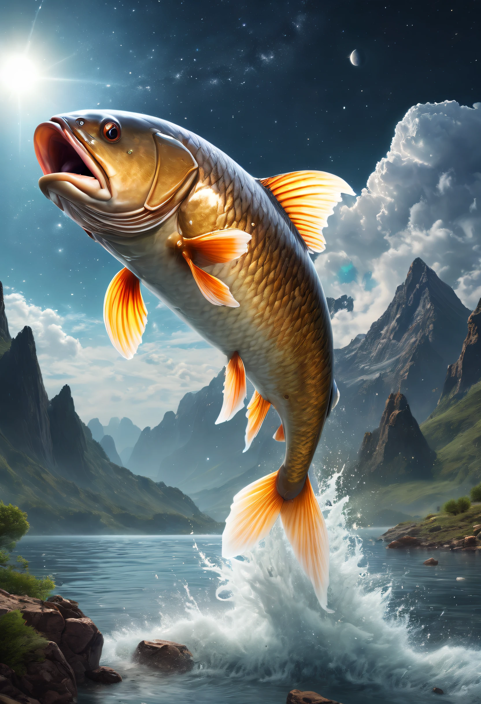 (Best quality, 4K, 8K, A high resolution, Masterpiece:1.2), Ultra-detailed, (Realistic, Photorealistic, photo-realistic:1.37),A huge carp breaks through the clouds,Carp grow above the stars,Mountains and rivers on Earth are very small,Oversized carp, Very small mountain,God's carp,Giant carp,Cosmic carp,Space starry sky background,The vastness of the Milky Way,ultra-realistic realism,Epic dreams,Beautiful sci-fi art,science fiction digital art,