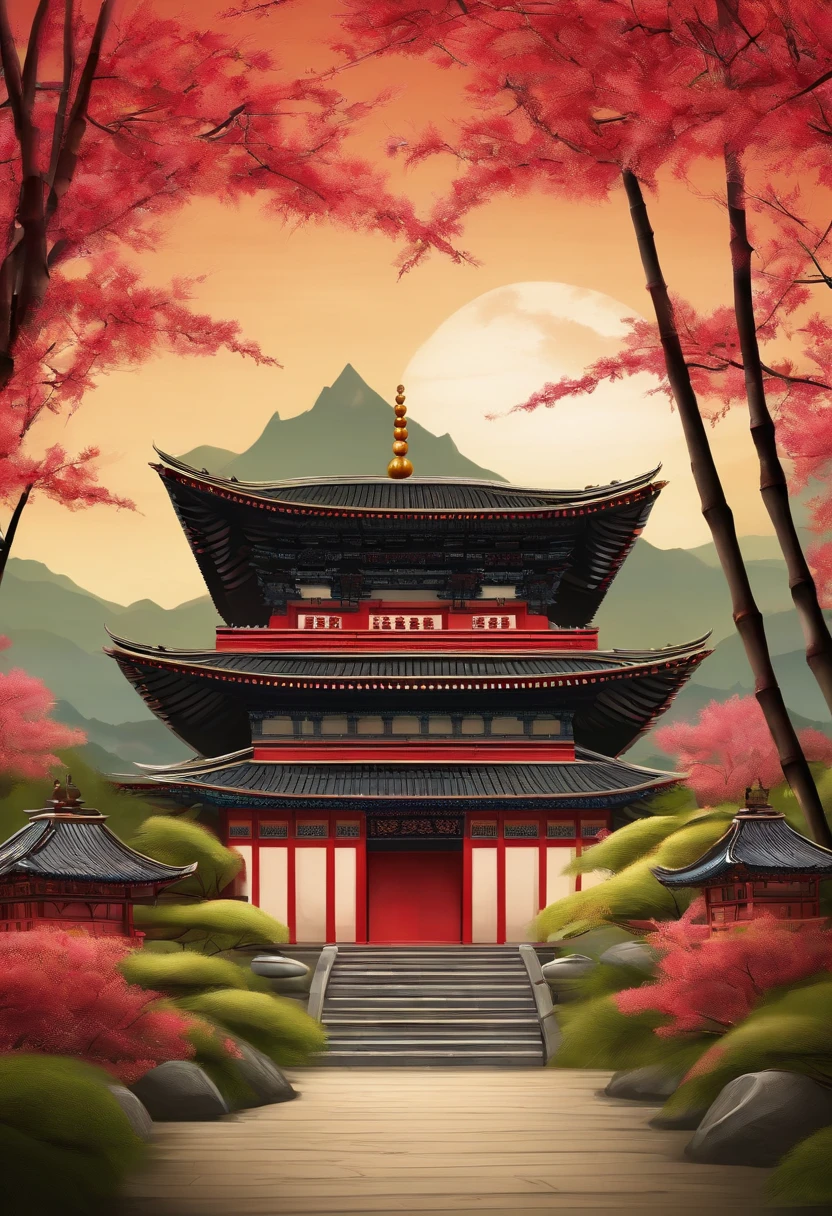 Background with oriental temple with bamboo in the background and cherry trees
