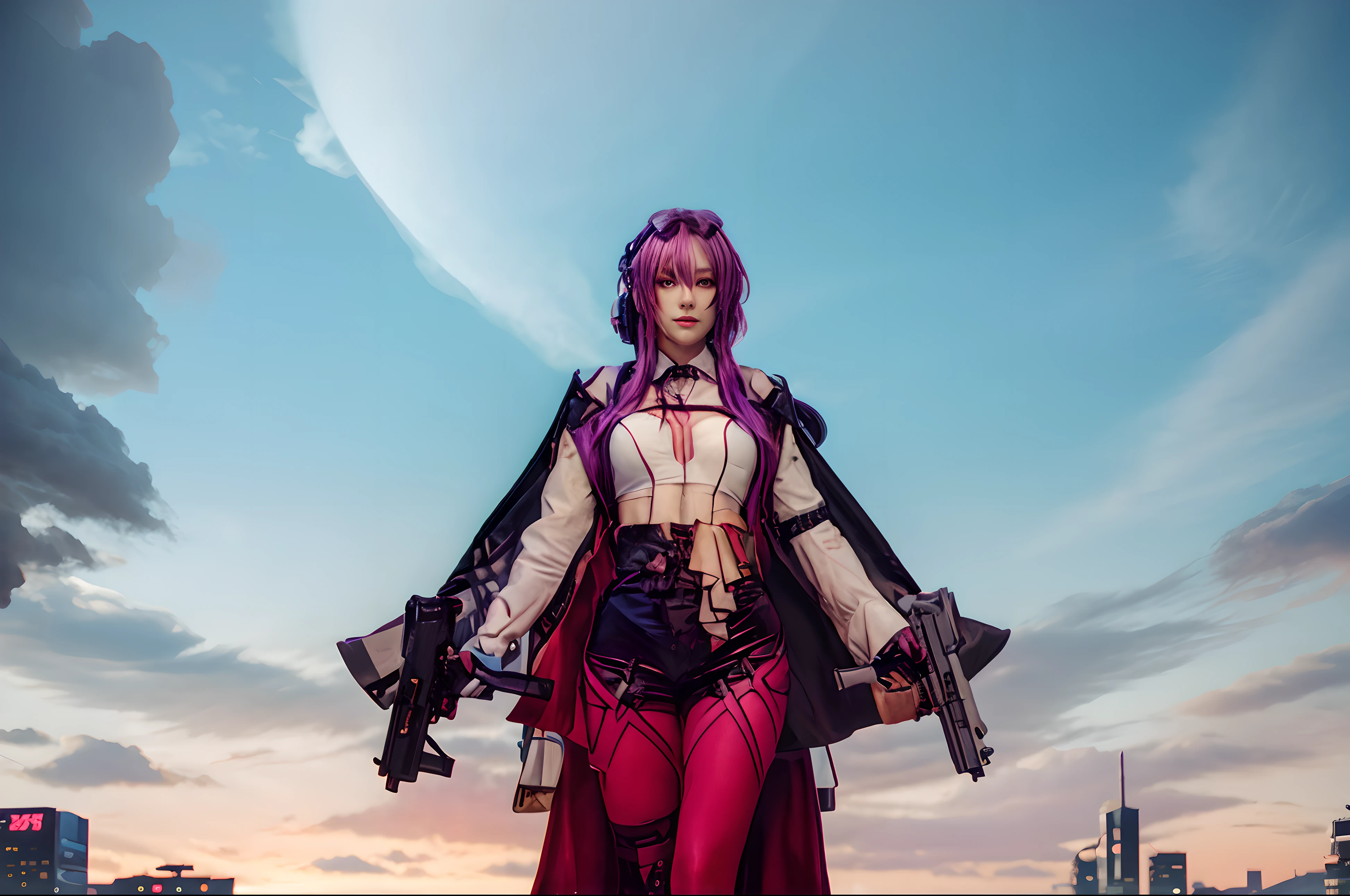 8k octae render photo, cyberpunk anime girl, female lead character, A beautiful girl:1.2, she holds a gun in both hands and is standing in a modern, futuristic city:2, realistic detail:1.5, realistic futuristic city, purple long hair, perfect face, beautiful girl, 8K