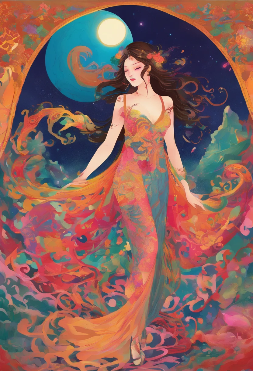 The art depicts a charming woman dressed in a flowing, oriental transparent dress, decorated with sexy patterns and bright colors. Showing small round ass, Her transparent dress drapes elegantly over her curvy figure, accentuating her seductive silhouette. She stood gracefully in the quiet moonlit night, bathed in the soft glow of the moonlight. The scene exudes an ethereal and dreamy atmosphere, with a touch of mystery and sexiness. The graphic style blends watercolor and digital illustration techniques to evoke a refined beauty and charm. The lights are filled with soft moonlight, casting soft highlights and shadows on her charming features. Bare buttocks, three-dimensional facial features, lying on bed, clear eyes, topless, visible,full body,