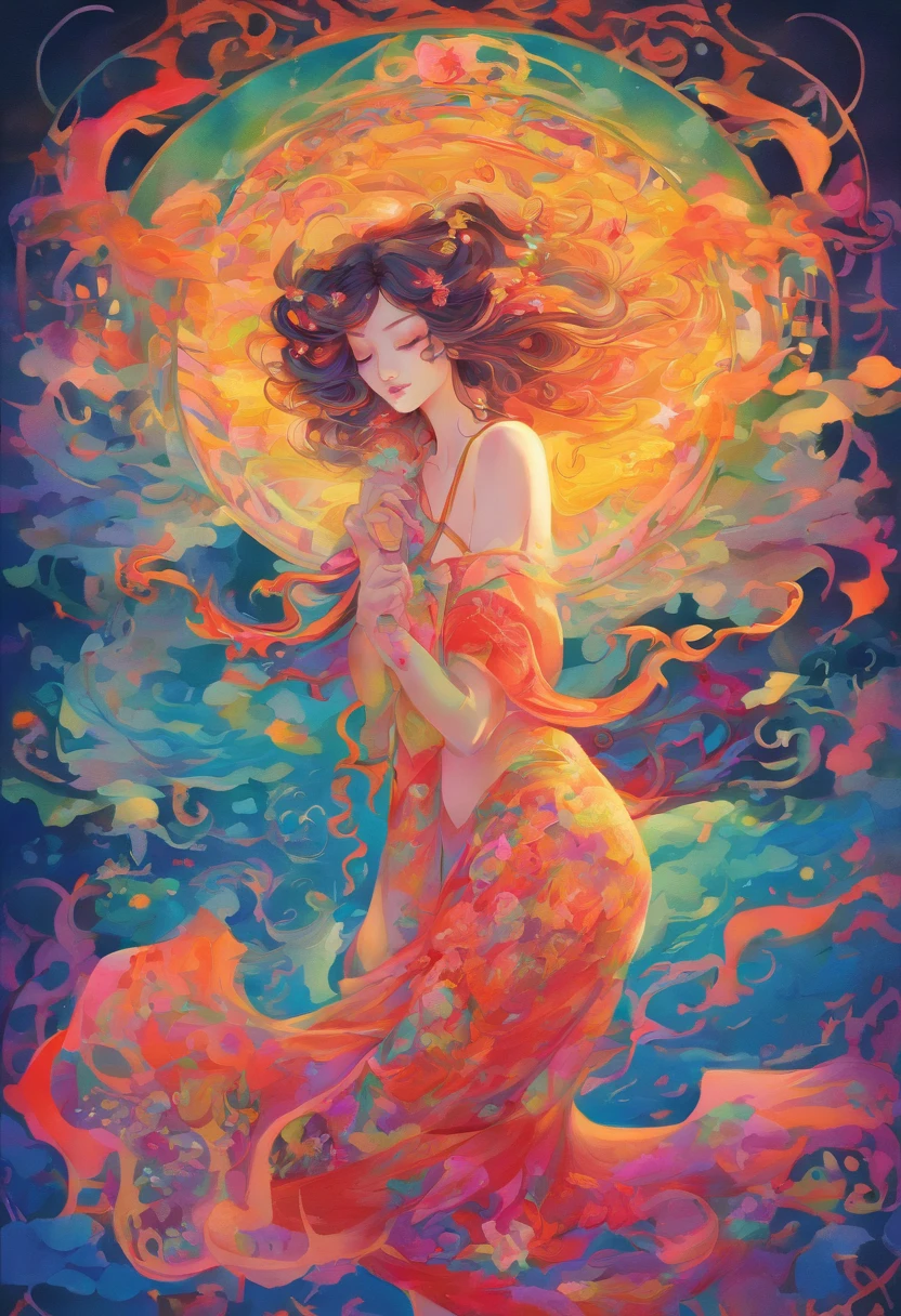 The art depicts a charming woman dressed in a flowing, oriental transparent dress, decorated with sexy patterns and bright colors. Showing small round ass, Her transparent dress drapes elegantly over her curvy figure, accentuating her seductive silhouette. She stood gracefully in the quiet moonlit night, bathed in the soft glow of the moonlight. The scene exudes an ethereal and dreamy atmosphere, with a touch of mystery and sexiness. The graphic style blends watercolor and digital illustration techniques to evoke a refined beauty and charm. The lights are filled with soft moonlight, casting soft highlights and shadows on her charming features. Bare buttocks, three-dimensional facial features, lying on bed, clear eyes, topless, visible,full body,