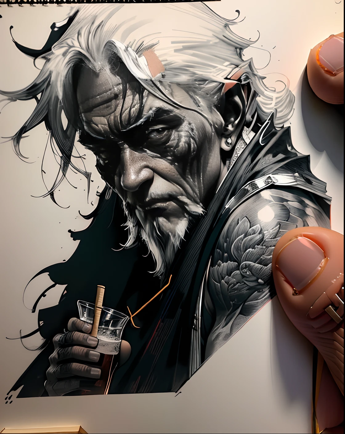 Black and white drawing of an old man with a hat on his head, Wine gourd on the waist，Kind wrinkles, Master of Traditional Chinese Medicine，Hua Tuo，detailed sketch drawing, detailed matte fantasy portrait, tattoo design, concept tattoo design, detailed intricate illustration, black and white detailed sketch, Detailed outline, Meticulous Chinese medicine, dark fantasy mixed with realism, Detailed and complex sketches, Elaborate ink illustration, Ultra-complex realism, clean detailed art