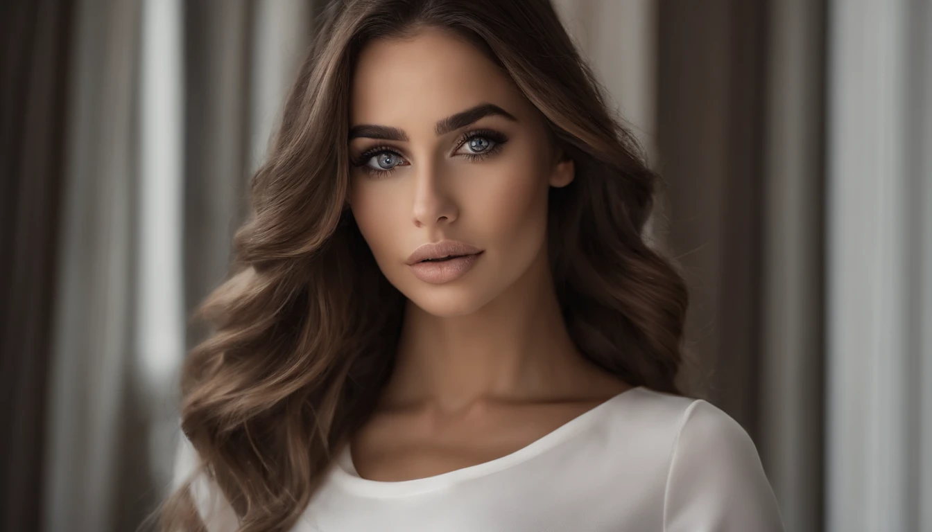 imagem apresenta um fundo clean e sofisticado, em tons neutros como branco, cinza e preto, conveying a sense of elegance. No centro, there's a full Alpha Woman , Menina sexy com olhos castanhos, realismo ultrarrealista, detalhado meticuloso, Retrato Sophie Mudd, cabelos castanhos e olhos grandes, selfie de uma jovem mulher, Dubai Olho, Violeta Myers, Sem maquiagem, maquiagem natural, staring directly at camera, Rosto com ArtGram, maquiagem sutil, Medium to large bust, usando uma camiseta com escrita "Elegance in every detail", a camiseta tem um design moderno e minimalista, with subtle details that underline elegance, as an application of sparkles.