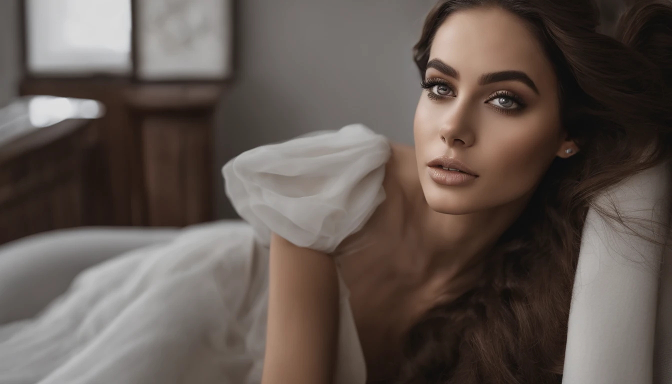 imagem apresenta um fundo clean e sofisticado, em tons neutros como branco, cinza e preto, conveying a sense of elegance. No centro, there's a full Alpha Woman , Menina sexy com olhos castanhos, realismo ultrarrealista, detalhado meticuloso, Retrato Sophie Mudd, cabelos castanhos e olhos grandes, selfie de uma jovem mulher, Dubai Olho, Violeta Myers, Sem maquiagem, maquiagem natural, staring directly at camera, Rosto com ArtGram, maquiagem sutil, Medium to large bust, usando uma camiseta com escrita "Elegance in every detail", a camiseta tem um design moderno e minimalista, with subtle details that underline elegance, as an application of sparkles.