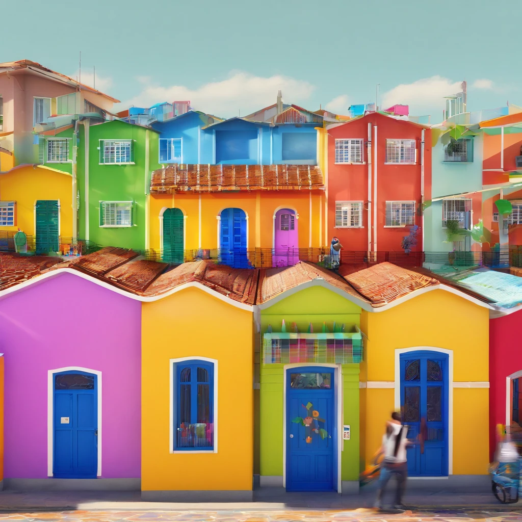 "Make a Disney Pixar-style picture, em 3d" Brightly colored building with a pedestrian crossing in front, colorful building, casa colorida, Location ( favela _ PAREDE ), arquitetura de azulejos coloridos, Fachada Freddy Mamani Silvestre, mural colorido nas paredes, arquitetura colorida, Filipe Pantone, colorful buildings, colorido moderno, sao paulo, Directed by: CeFerí Olivé, arte mural, Okuda