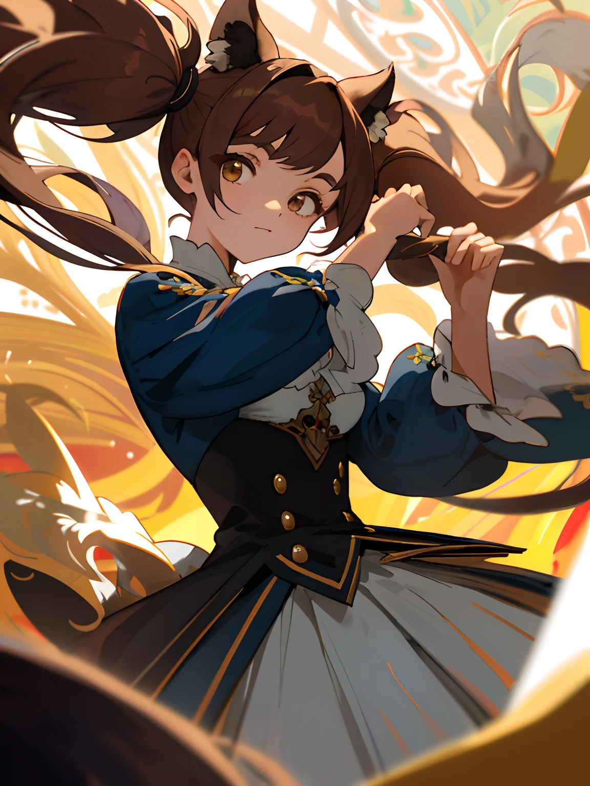 master part, Qualidade Superior,Dutch angle, ornamento de cabelo, menina rapisa, franja, olhos alaranjados, brown hair, cabelos longos, twin tails, farisaico, perfect hands, medium breasts, cintura larga,, (ventoso:1.3), tail, ver espectador, Montanhas ao fundo, (Elevador de Saia),
