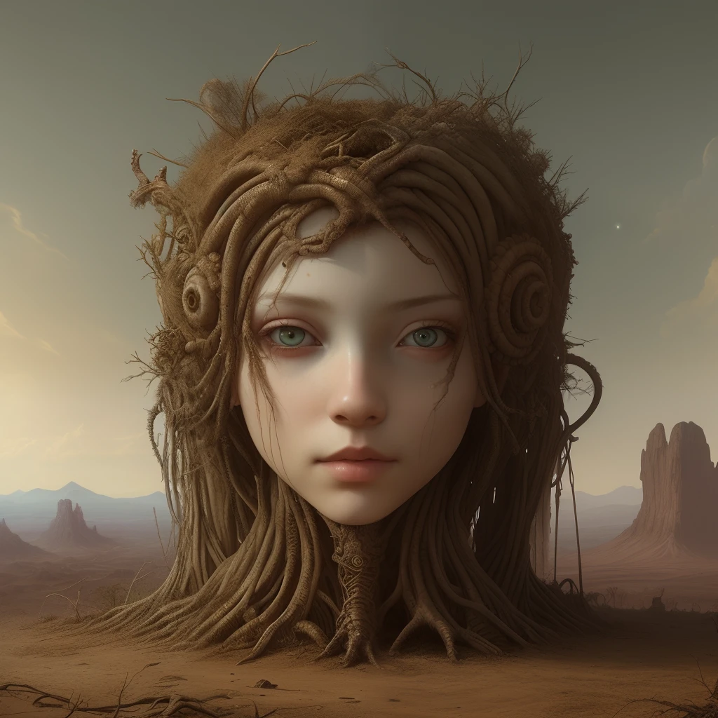 ribbed abandoned closeup face portrait of an angel on exoplanet, covered with tentacles, roots, wires, tubes, baroque painting, standing in a desolate empty wasteland, creepy, nightmare, dream-like heavy atmosphere, surreal abandoned buildings, beautiful detailed intricate insanely detailed octane render trending on Artstation, 8K artistic photography, photorealistic, chiaroscuro, Raphael, Caravaggio, Beksinski, Giger
