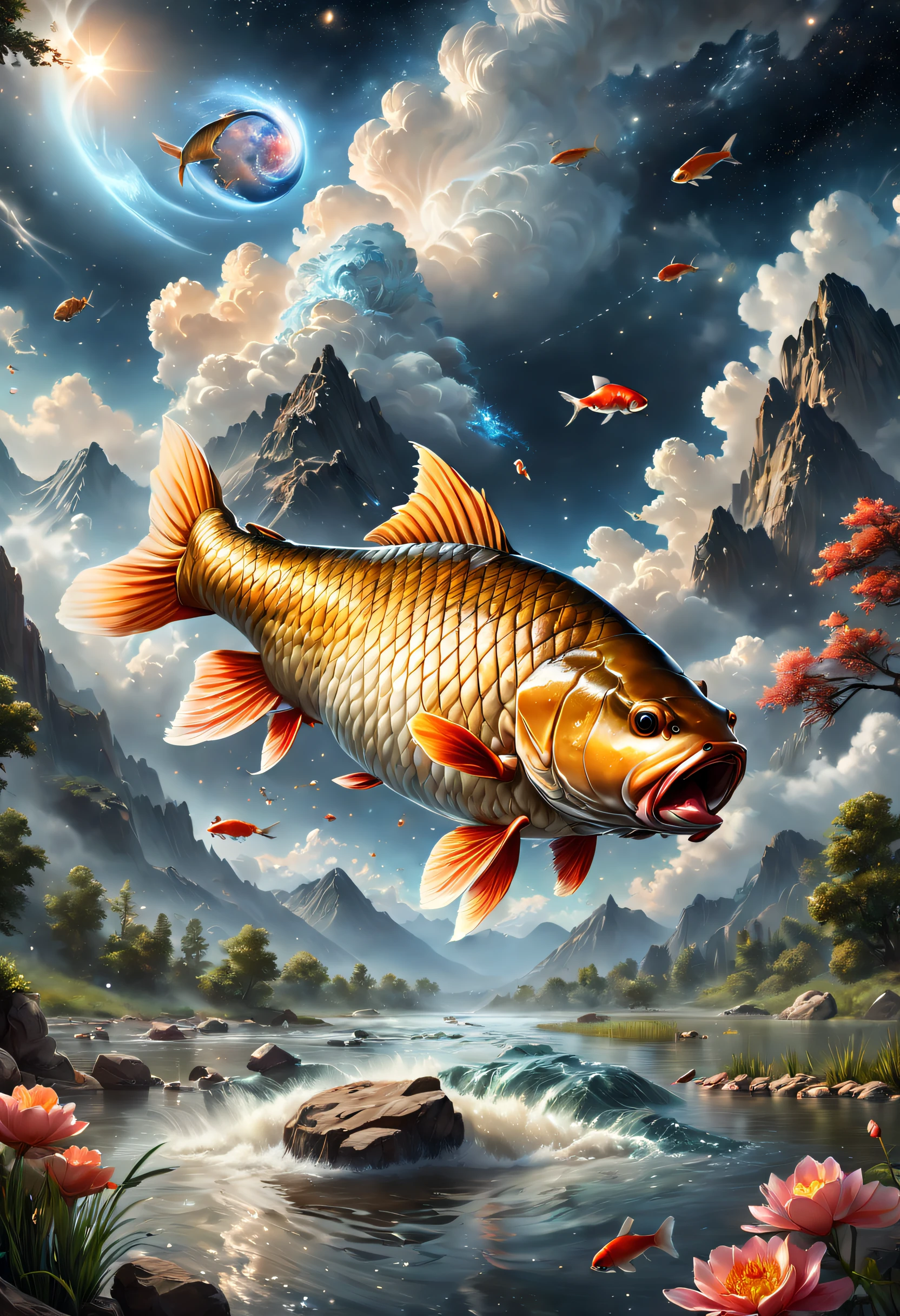 (Best quality, 4K, 8K, A high resolution, Masterpiece:1.2), Ultra-detailed, (Realistic, Photorealistic, photo-realistic:1.37),A huge carp breaks through the clouds,Carp grow above the stars,Mountains and rivers on Earth are very small,The oversized carp is bigger than a mountain,Space starry sky background,The vastness of the Milky Way,ultra-realistic realism,Epic dreams,Beautiful sci-fi art,science fiction digital art,