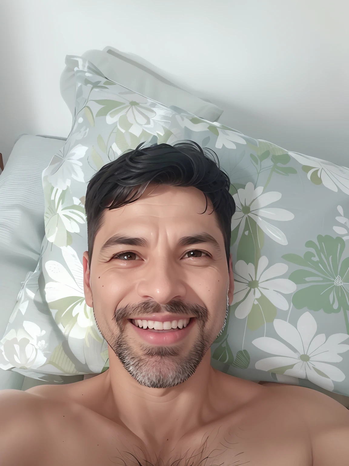 there is a man laying in bed with a pillow and a pillow, Homem de 4 0 anos, (38 anos), Homens de 45 anos, selfie de um homem, 38 anos, Homem de 5 0 anos, 3 6 anos, cerca de 3 5 anos, 3 2 anos, 4 5 I, 3 5 anos