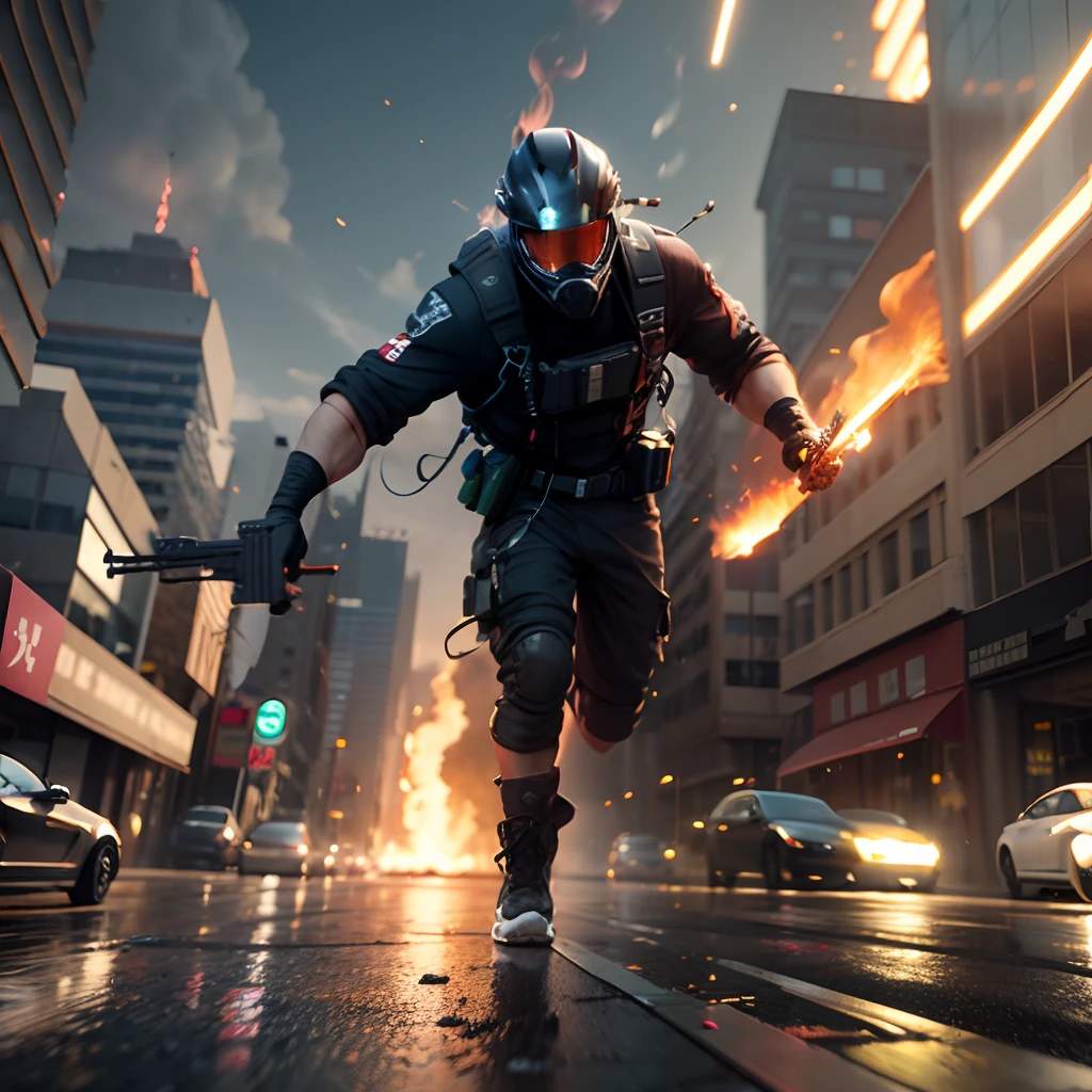 A black man laying on top of a high speed moving car shooting straight at the camera, car drifting from camera, with flame partickes in air as it drifts away, dark scene with dark background, only light shining fromthe gun shots and flame particles in the scene, with iridescent light, cinematic lighting, artgerm style, 32k, ultra HD, unreal engine rendered, hyper-realistic image, octane 3d rendering --auto --s2