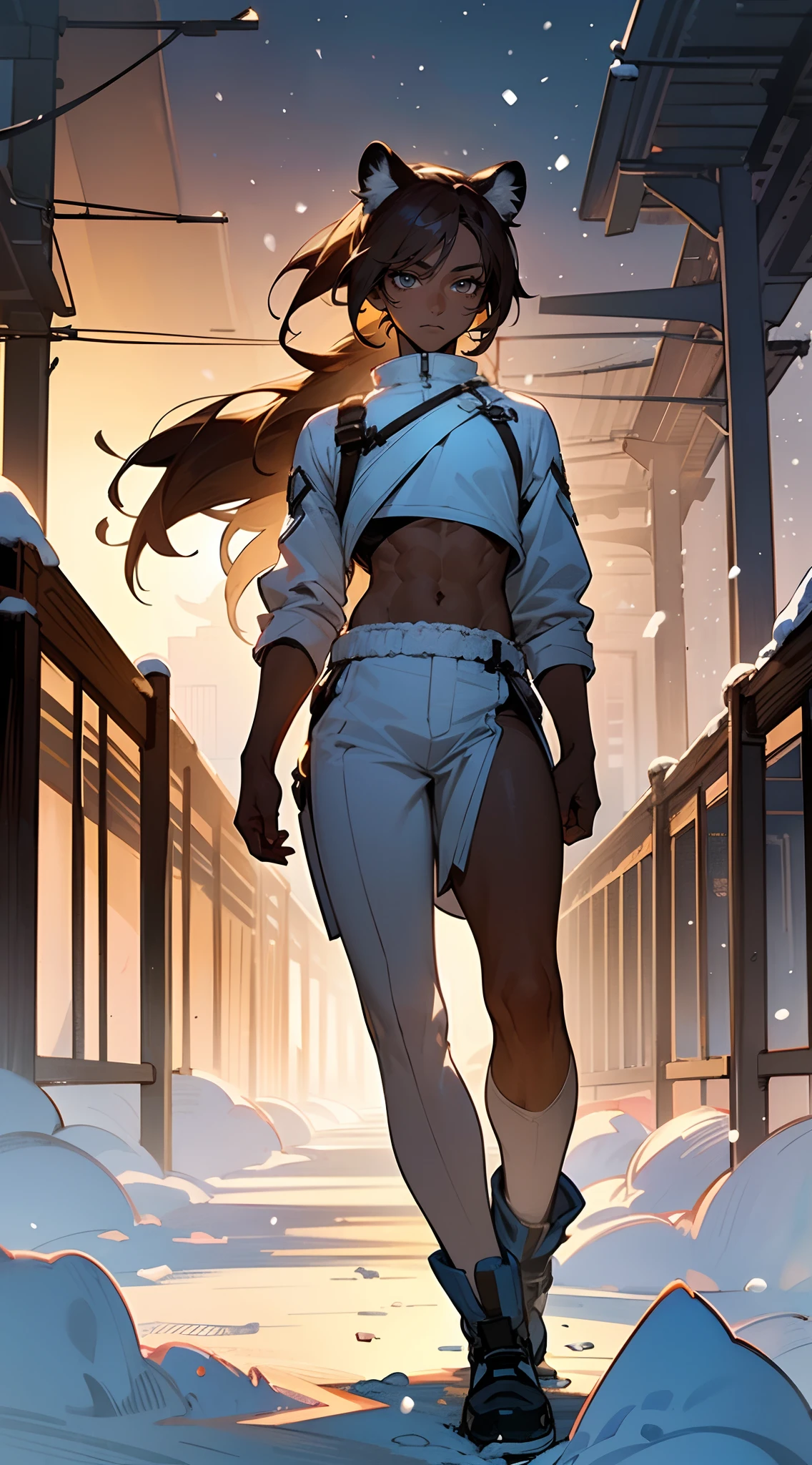 ((Beautiful man:1)) , ((Dark skin:1.5)) , ((long hair)) , ((brown hair)) , ((male:1.4)) , full lips , light silver eyes , voluminous hair,((has tiger ears:1)), ((Skinny build)) ,effeminate , ((has a center part in hair:1)), full long eyelashes,((straight hair:1.3)) , ((crop top:1.2)), hair in a ponytail, Bishounen, possess delicate and androgynous features, age 33


(masterpiece, best quality:1.3),beautiful detailed glow,best illuminate,(((best quality,textile shading,ultra detailed))),extremely detailed CG unity 8k wallpaper,Highly Detailed beautiful and aesthetic,best light,high resolution,detailed,dynamic lighting , 1Character ,  pastel washed out colors , cell shade , soft, muted shades ,gentle colors ,

Outside scene, scene of a Seinen anime , movie quality, snowing , walking in a city , snow on the ground , winter clothes ,