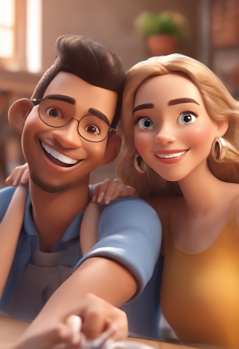 An illustration of an adorable couple, Spotlight on a smiling, athletic black man and a white woman with beautiful expressive eyes - the man's skin is black,  Man is hairless bald, while the woman's skin is white and the woman's hair is straight and black. They are a bright room, cada um com um sorriso no rosto, e compartilhar um momento especial caracterizado pelo amor, Insights. Illustrate this scene from a perspective where they are facing the camera, Smiling and Showing Your Connection. Desenvolva esta arte em Full HD, Focus on your cinematic touch, Estilo Disney Pixar Animations