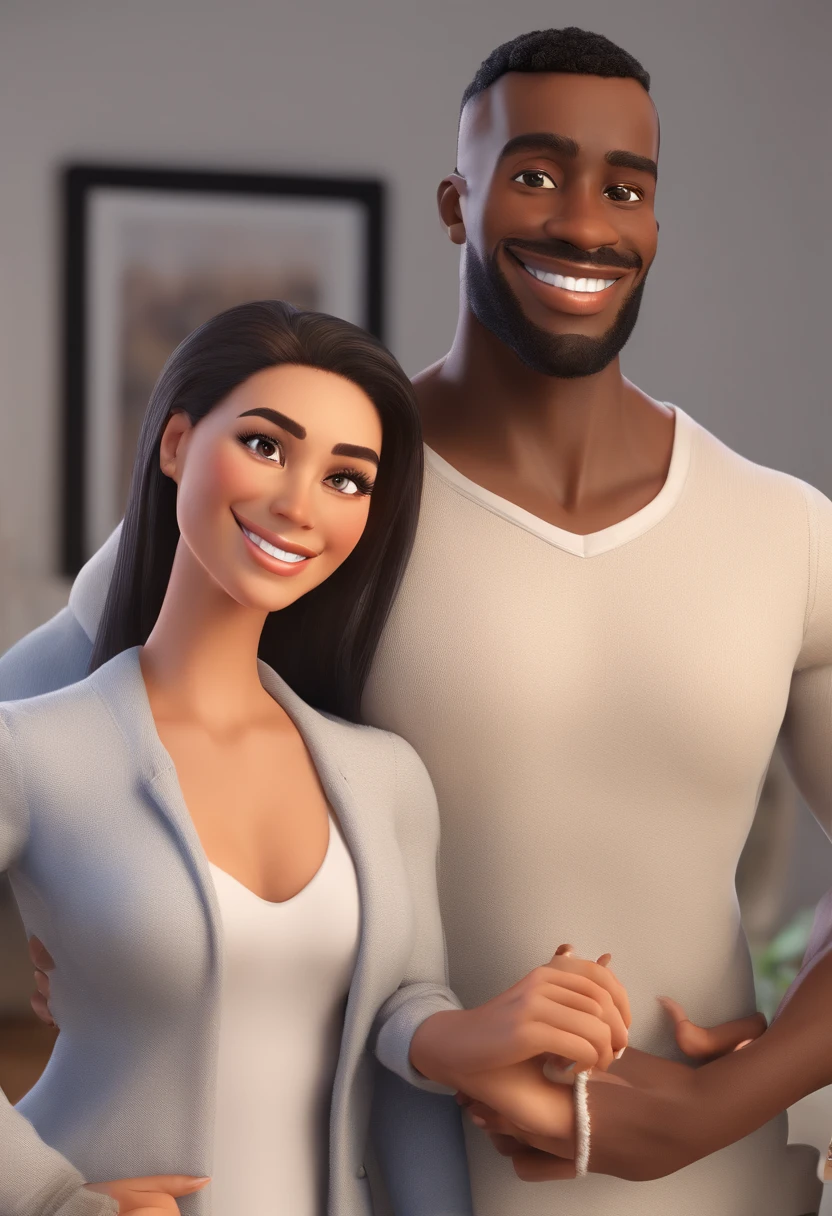 An illustration of an adorable couple, Spotlight on a smiling, athletic black man and a white woman with beautiful expressive eyes - the man's skin is black, Man is hairless bald, while the woman's skin is white and the woman's hair is straight and black. They are a bright room, cada um com um sorriso no rosto, e compartilhar um momento especial caracterizado pelo amor, Insights. Illustrate this scene from a perspective where they are facing the camera, Smiling and Showing Your Connection. Desenvolva esta arte em Full HD, Focus on your cinematic touch, Estilo Disney Pixar Animations