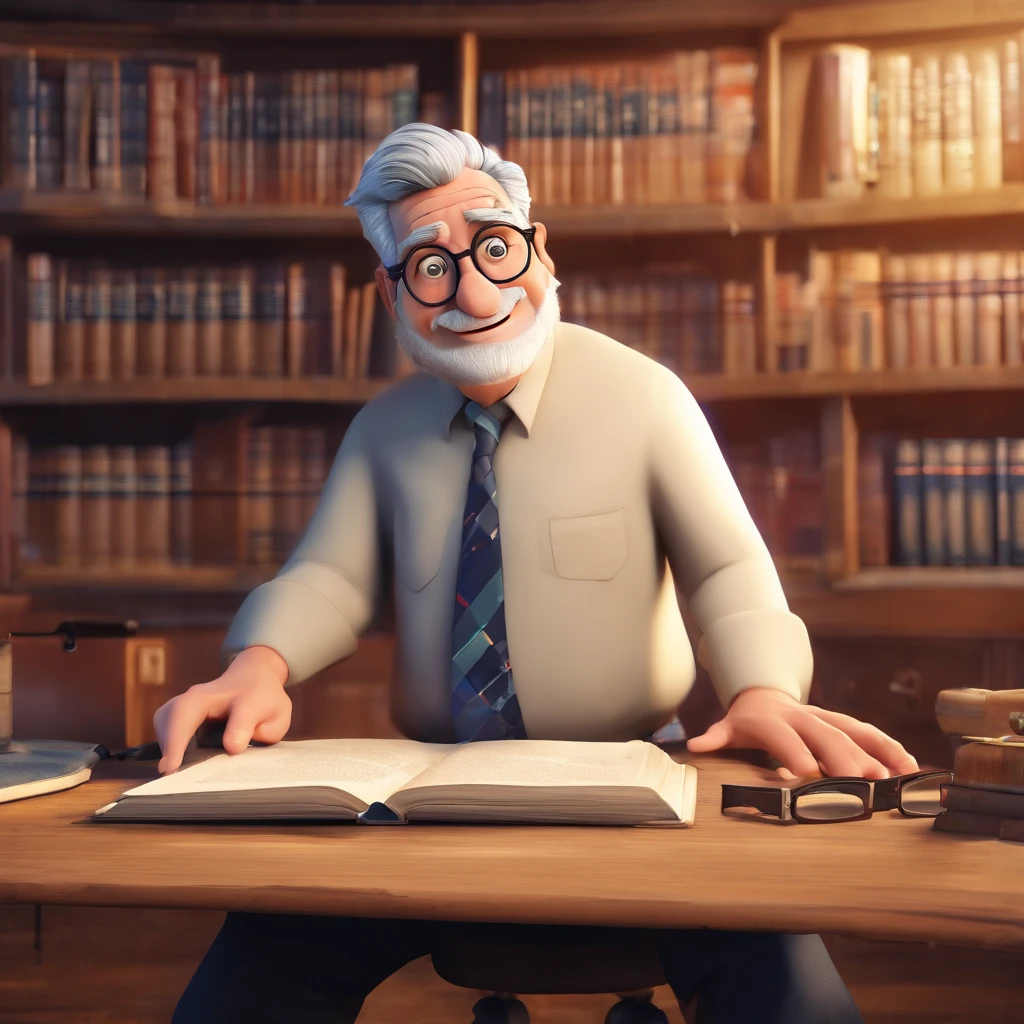 Crie um cartaz inspirado na Disney Pixar com o personagem sendo o pastor Rubens Janier, A gray-haired man wearing glasses, in an office with a Bible on the table, Looking forward and serious