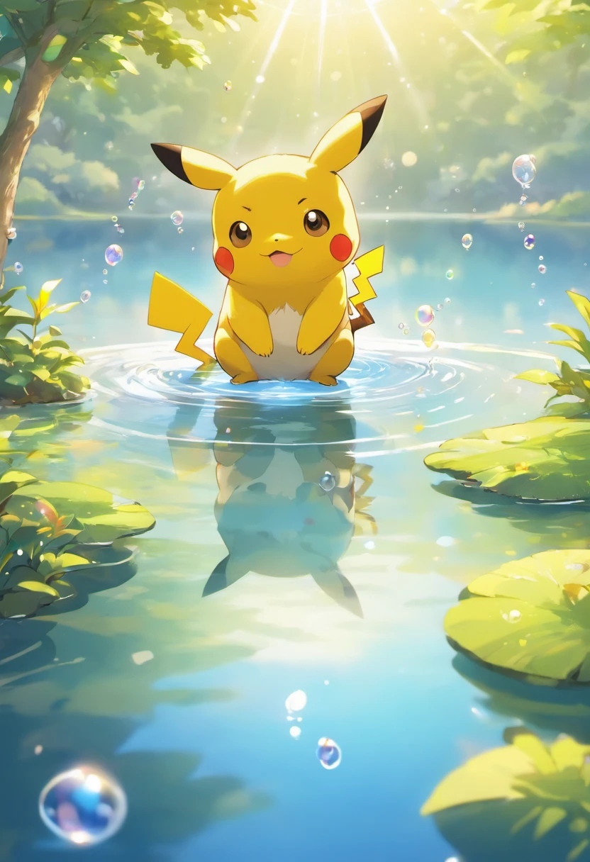 Ultra HD 3D graphics，Showcasing the touching scene of Pikachu making a wish by a tranquil lake. Blue wolf cub, Beautiful rendering details, See gently blowing bubbles into the air, Everyone has hopeful wishes. Bubbles capture the reflection of the setting sun, Create dreams, Magical effect. The overall atmosphere is gentle, Full of hope and tranquility