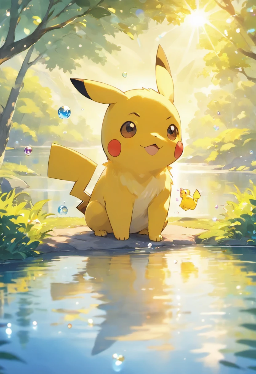 Ultra HD 3D graphics，Showcasing the touching scene of Pikachu making a wish by a tranquil lake. Blue wolf cub, Beautiful rendering details, See gently blowing bubbles into the air, Everyone has hopeful wishes. Bubbles capture the reflection of the setting sun, Create dreams, Magical effect. The overall atmosphere is gentle, Full of hope and tranquility