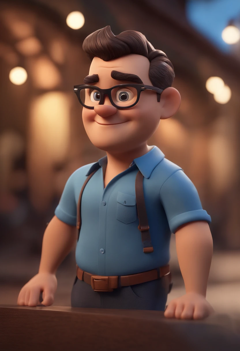 Cartoon character of a man wearing black glasses and a blue shirt, um personagem animado, Caractere estilizado, animation style rendering, 3D estilizado, Arnold Maya render, 3 d render stylized, toon render keyshot, Personagem 3D, Personagem 3D, 3d rendering stylized, 3 d character render, personagem de desenho animado, Personagem de close up, Pose de personagem, (Estilo Pixar) (master part:1.2) (Bokeh) (best quality) (pele detalhada) (textura detalhada) (8k) (argila) (Cinematic lighting) (foco nítido，Senta e vaza a parte superior do corpo